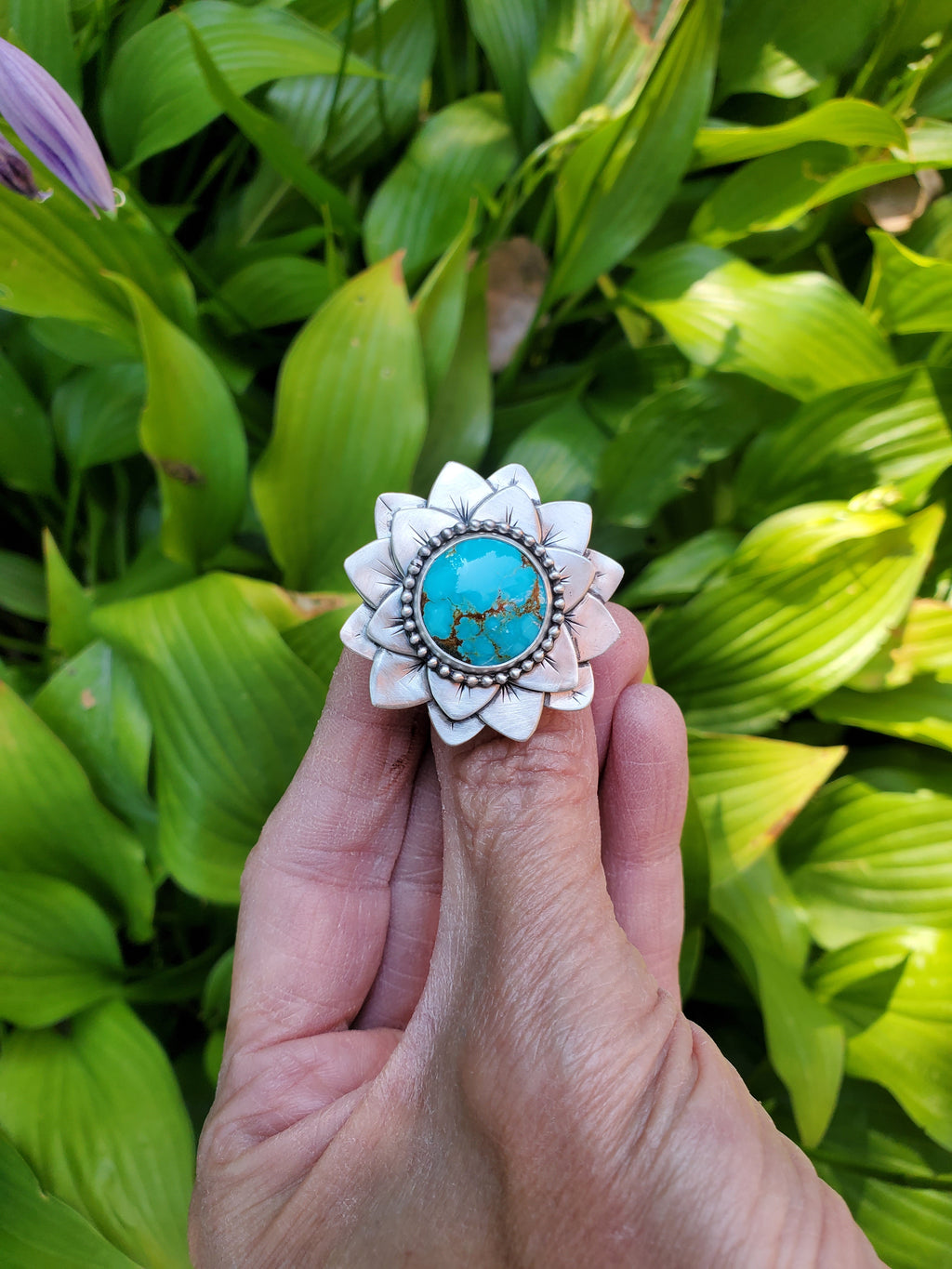 #8 Number 8 Turquoise Flower Bloom Statement Ring in Solid Sterling Silver. Size 7.