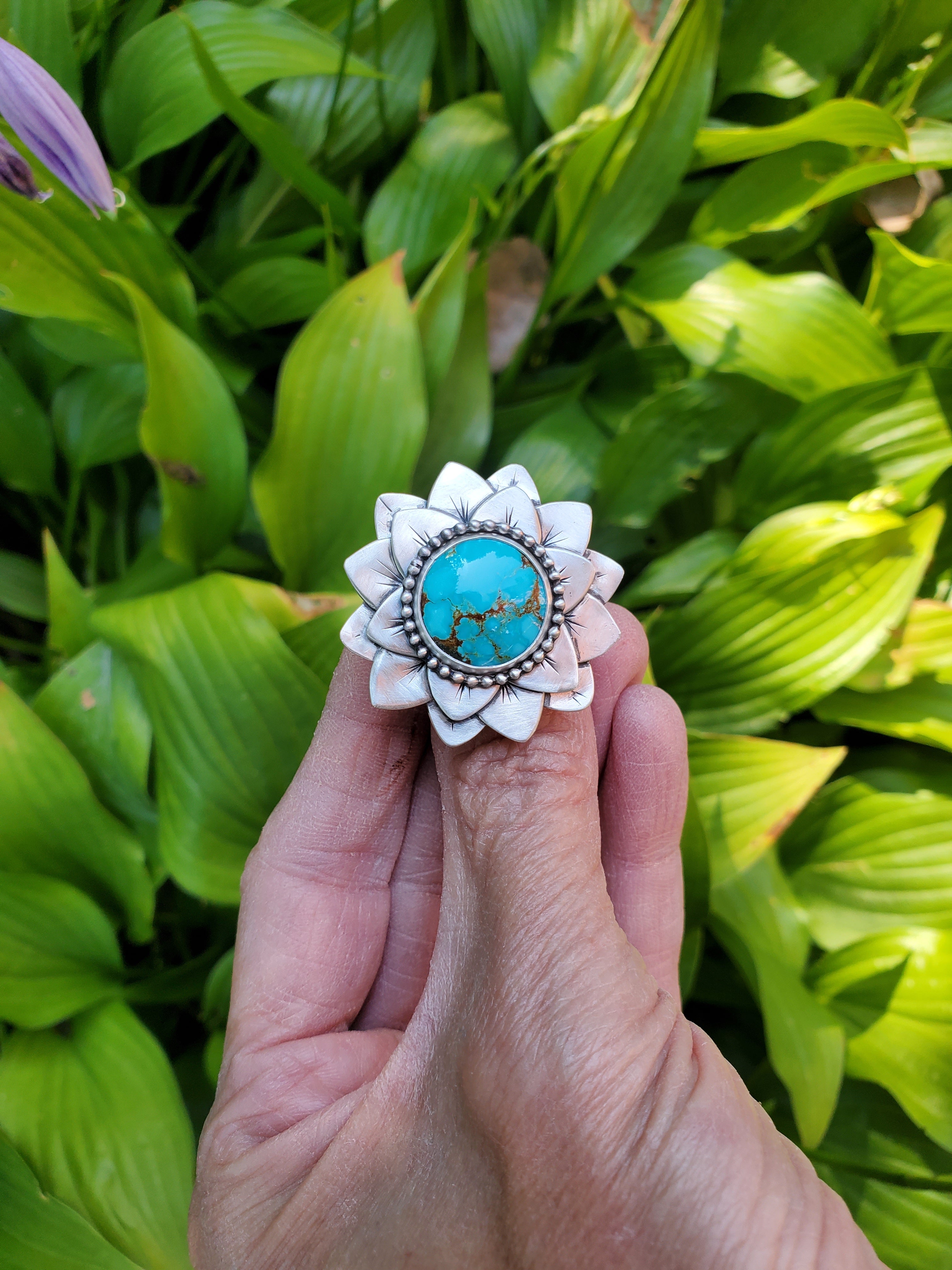#8 Number 8 Turquoise Flower Bloom Statement Ring in Solid Sterling Silver. Size 7.