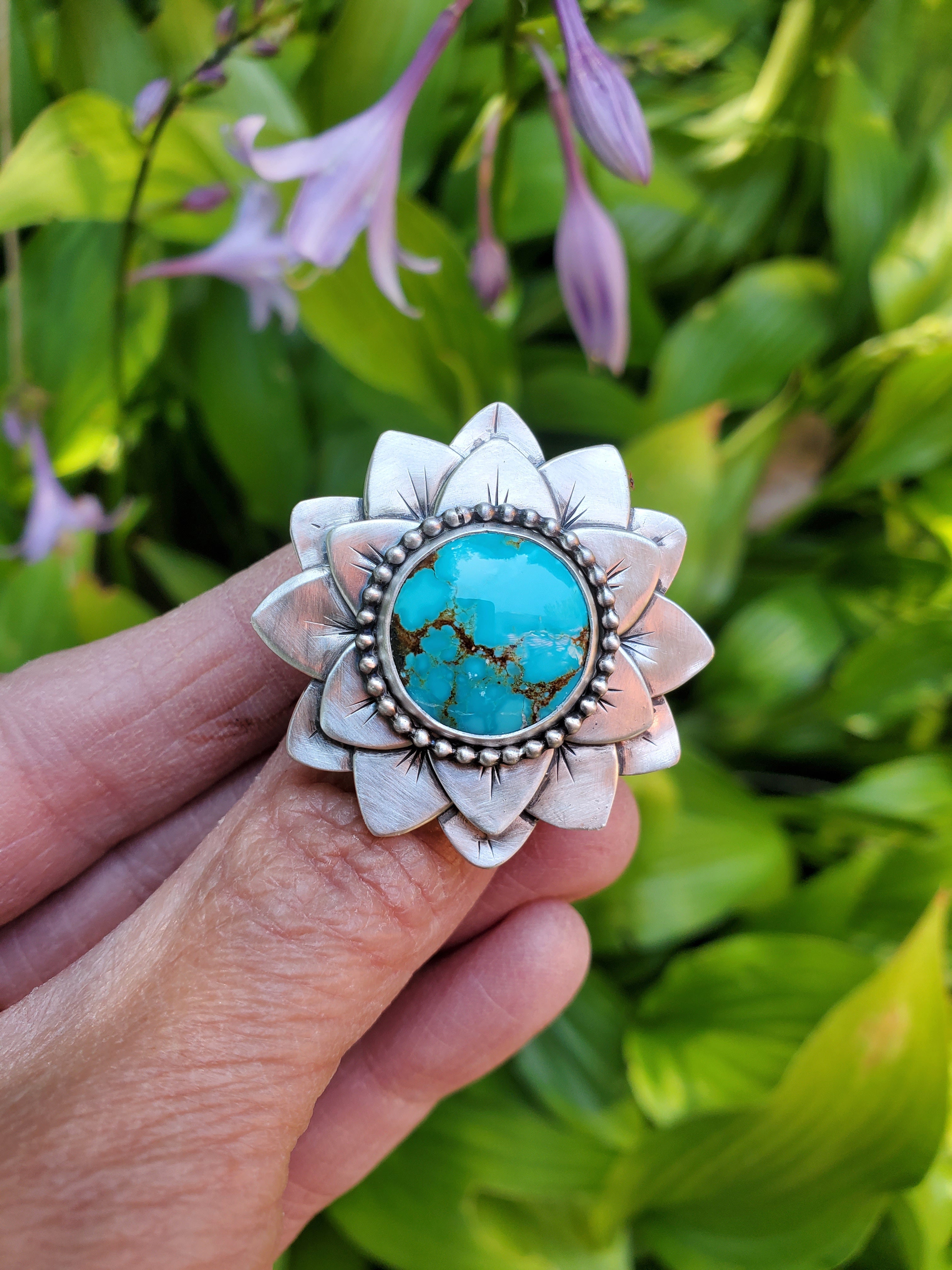 #8 Number 8 Turquoise Flower Bloom Statement Ring in Solid Sterling Silver. Size 7.