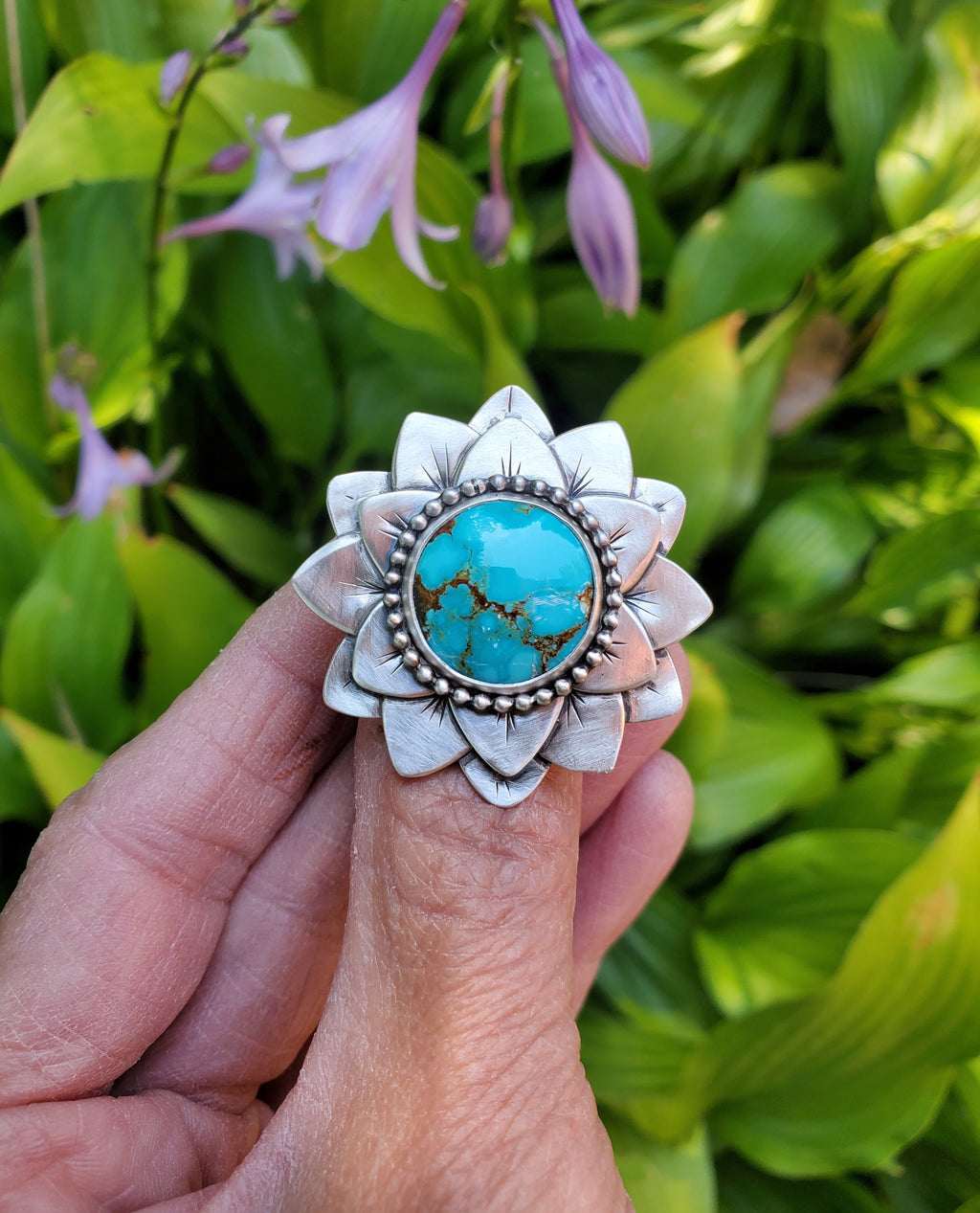 #8 Number 8 Turquoise Flower Bloom Statement Ring in Solid Sterling Silver. Size 7.