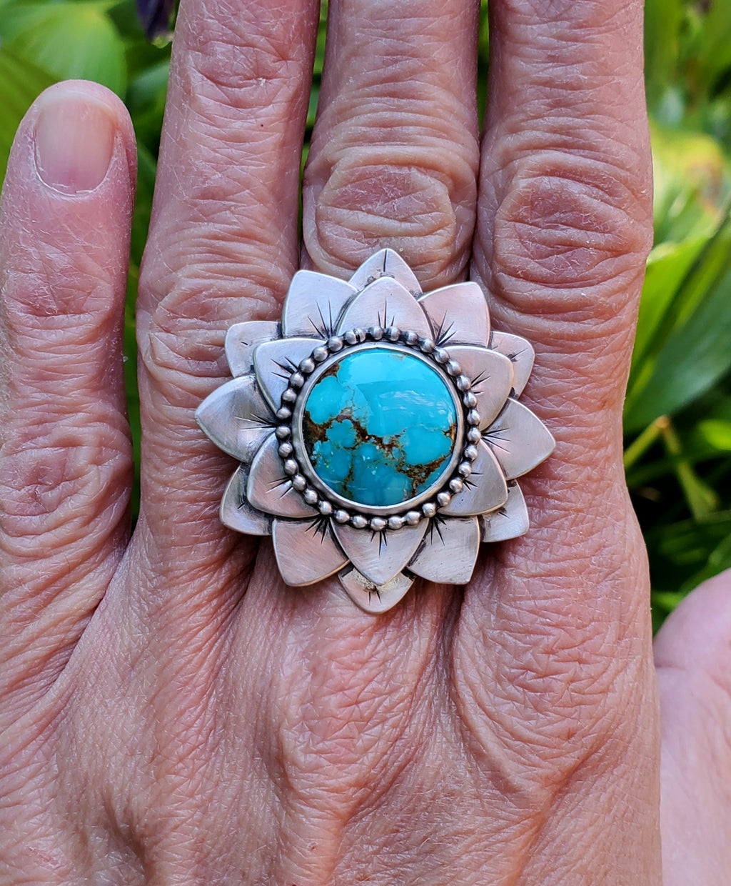 #8 Number 8 Turquoise Flower Bloom Statement Ring in Solid Sterling Silver. Size 7.