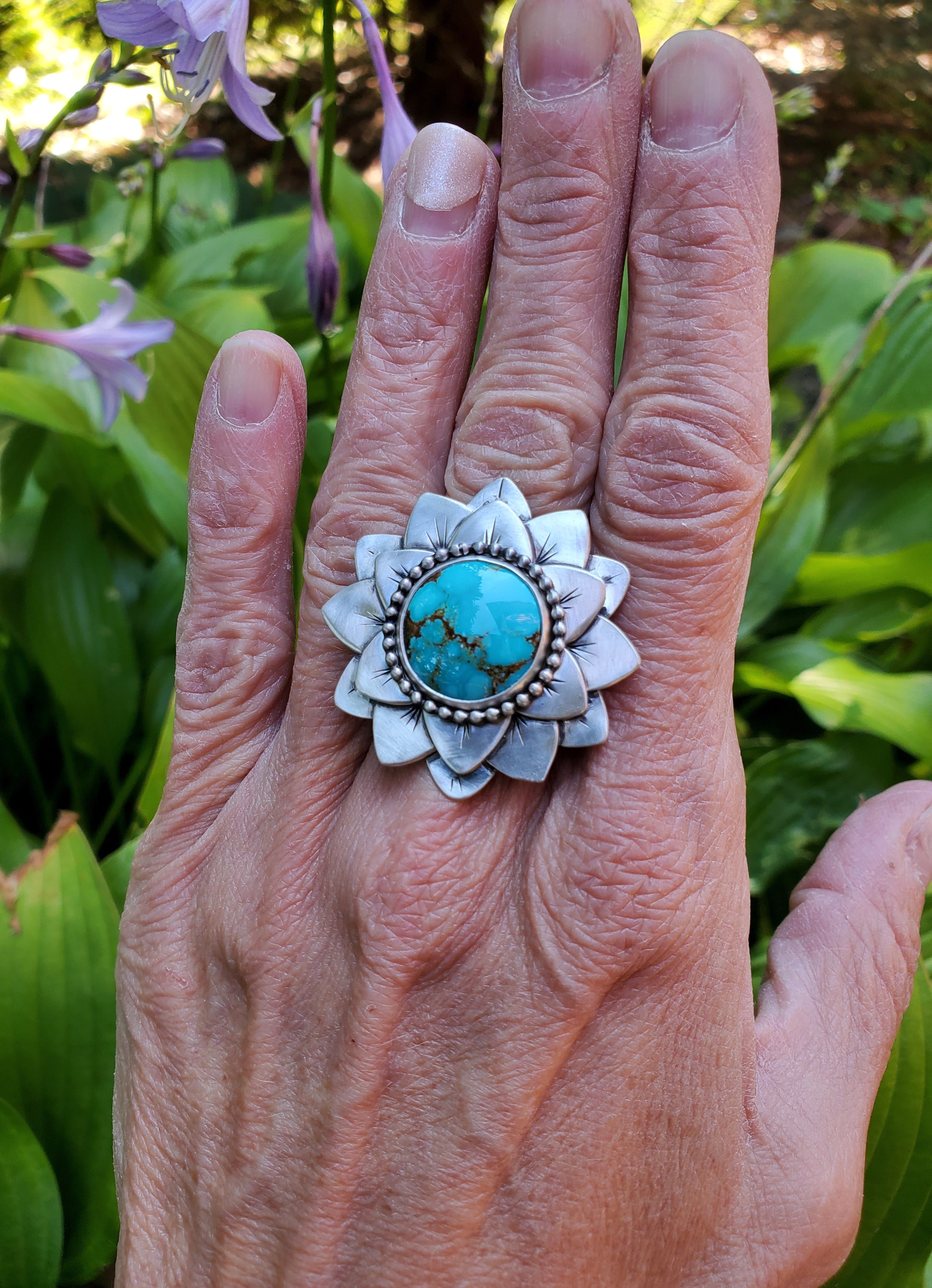 #8 Number 8 Turquoise Flower Bloom Statement Ring in Solid Sterling Silver. Size 7.