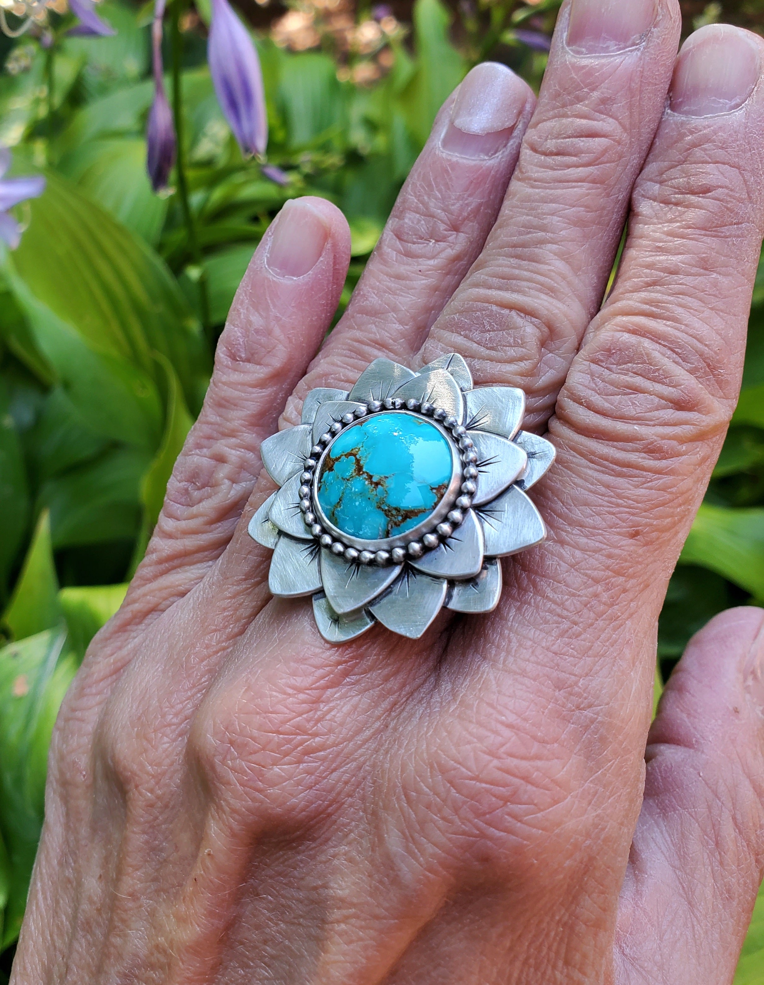 #8 Number 8 Turquoise Flower Bloom Statement Ring in Solid Sterling Silver. Size 7.