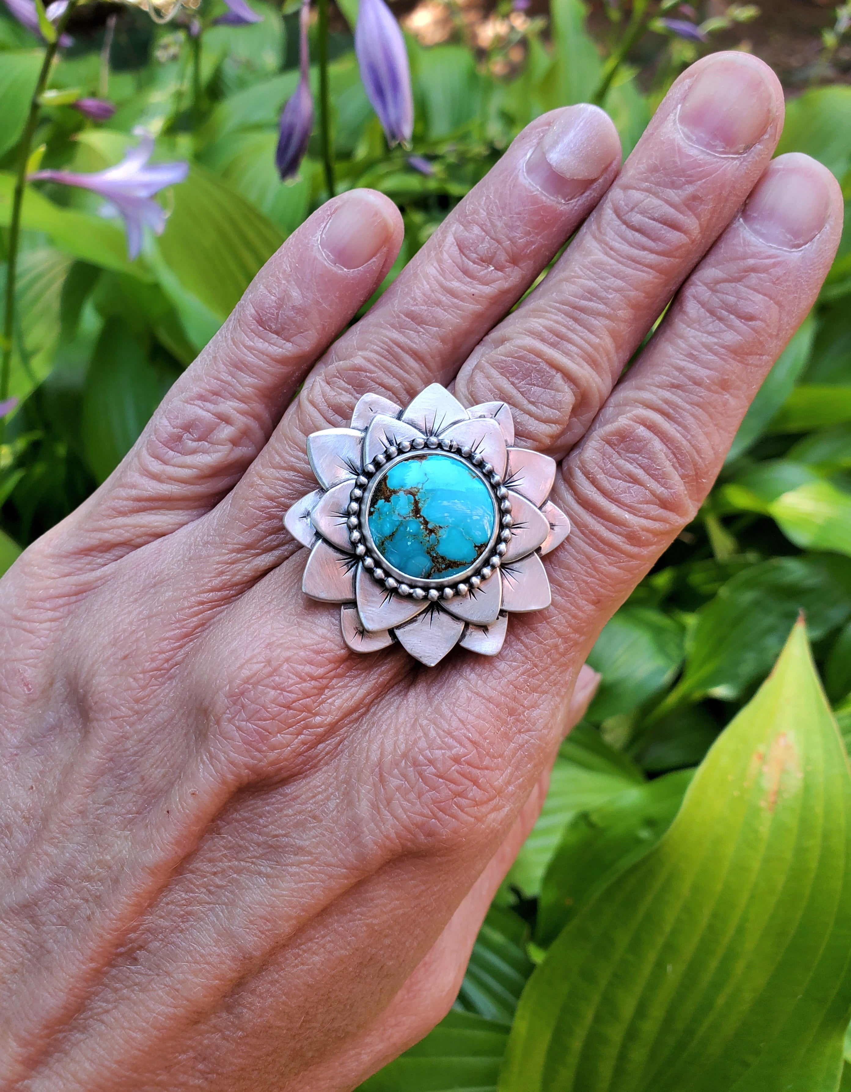 #8 Number 8 Turquoise Flower Bloom Statement Ring in Solid Sterling Silver. Size 7.