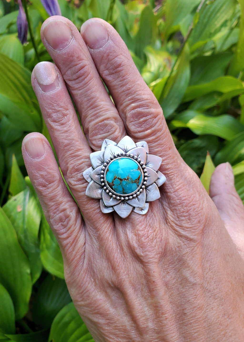 #8 Number 8 Turquoise Flower Bloom Statement Ring in Solid Sterling Silver. Size 7.