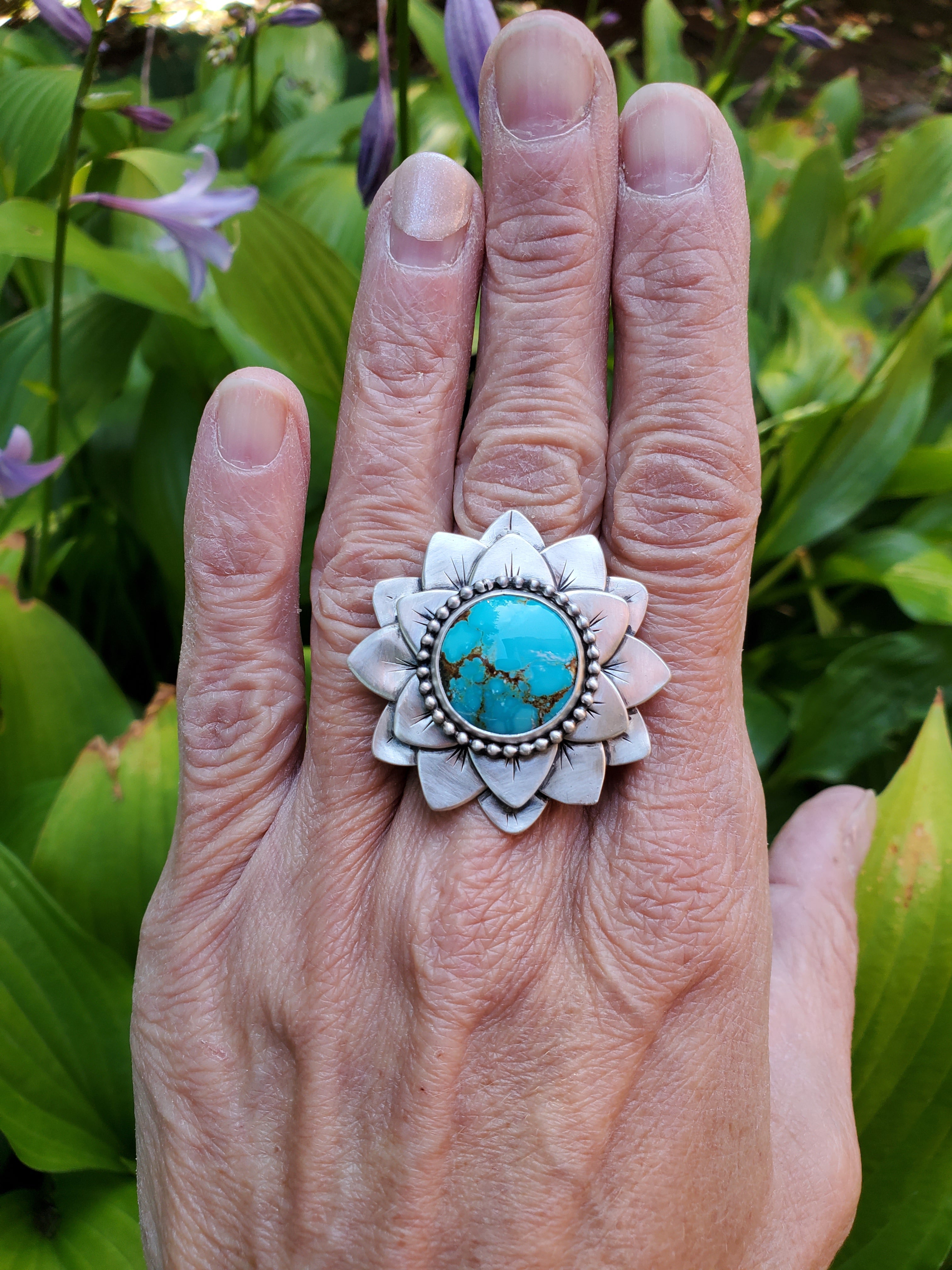 #8 Number 8 Turquoise Flower Bloom Statement Ring in Solid Sterling Silver. Size 7.