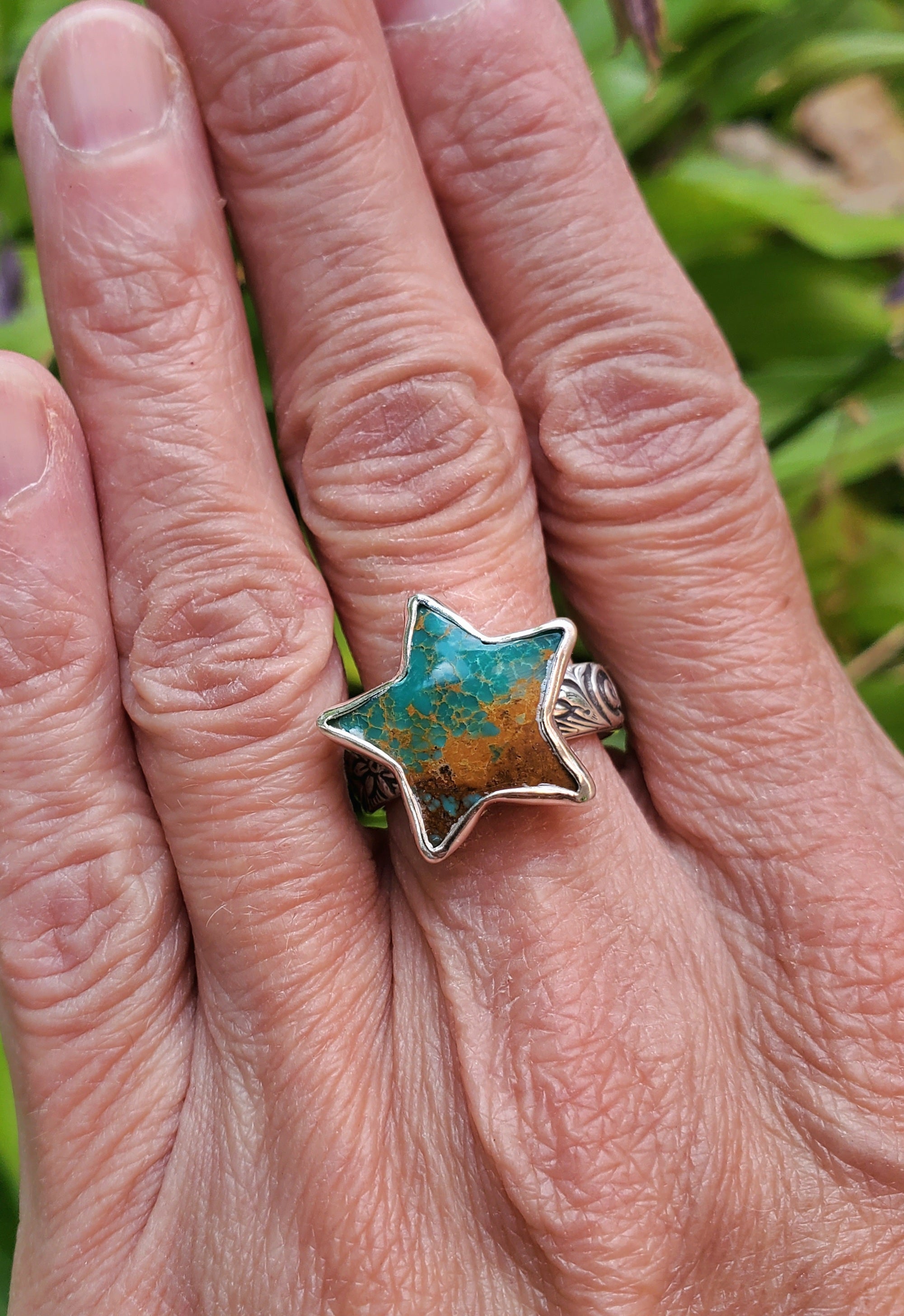 Sonoran Turquoise Star Statement Ring in Solid Sterling Silver. Size 7.25