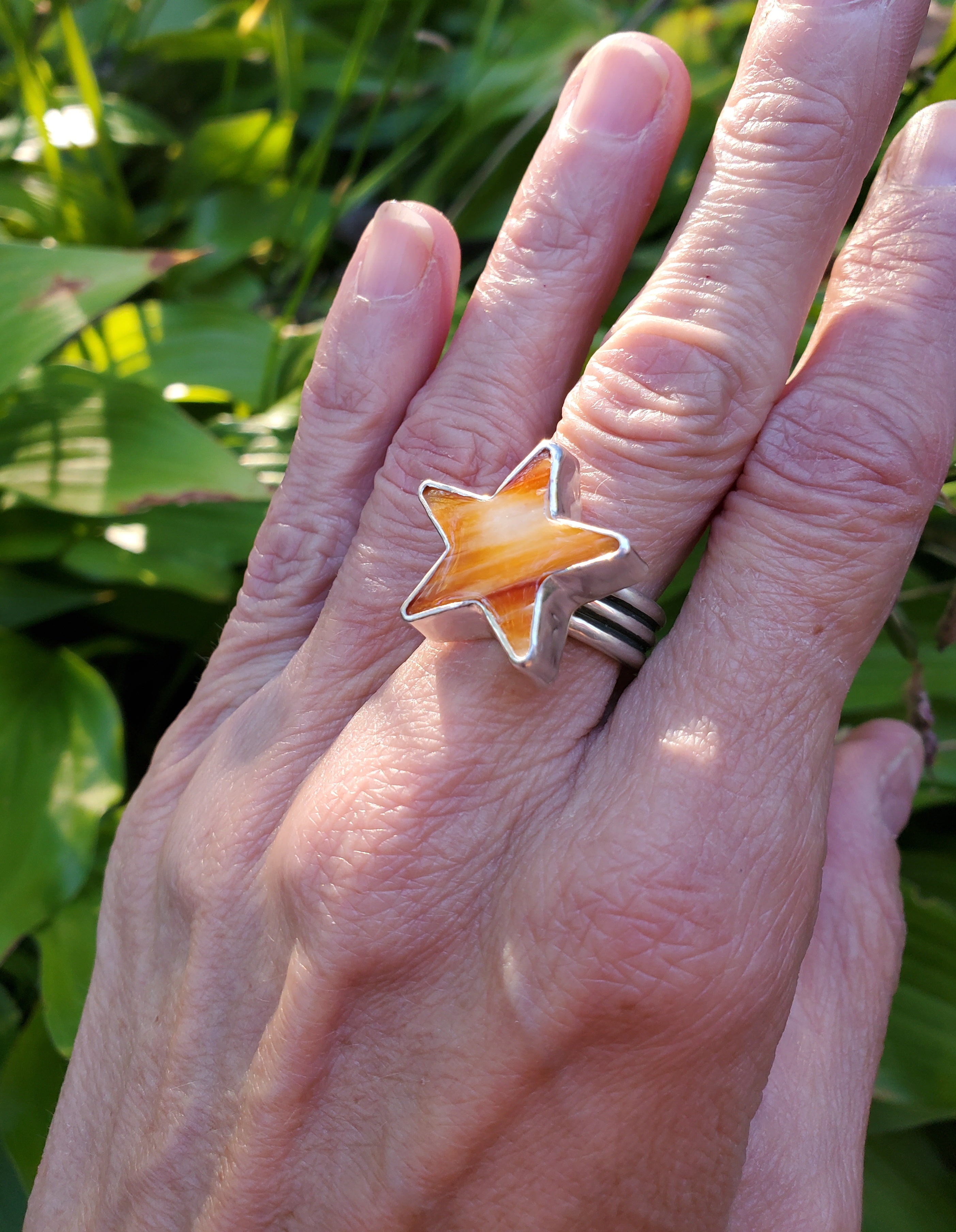 Spiny Oyster Star Statement Ring In Solid Sterling Silver. Size 7