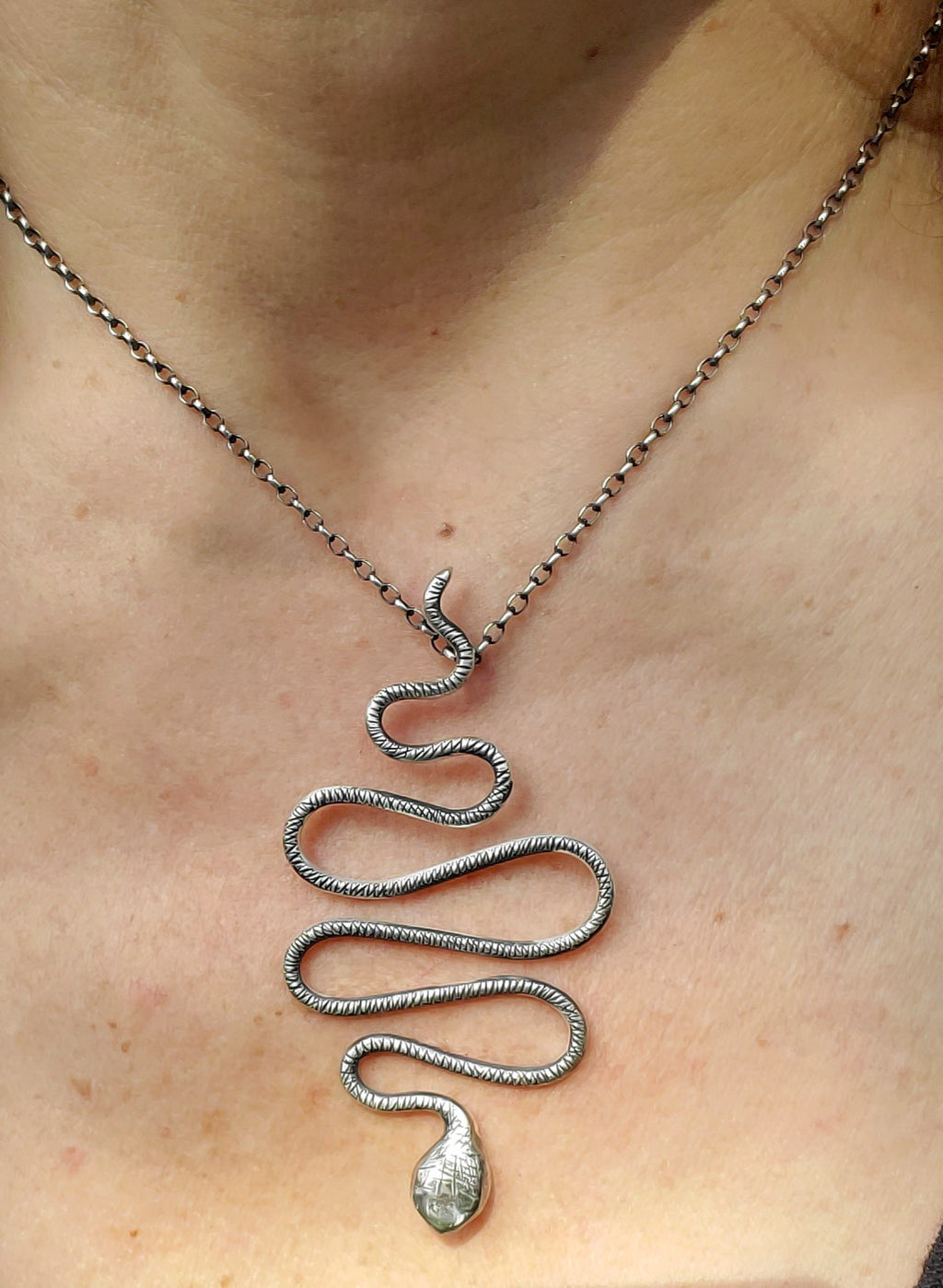 Snake Pendant Necklace in Solid Sterling Silver on beautiful Sterling Silver Rolo Chain