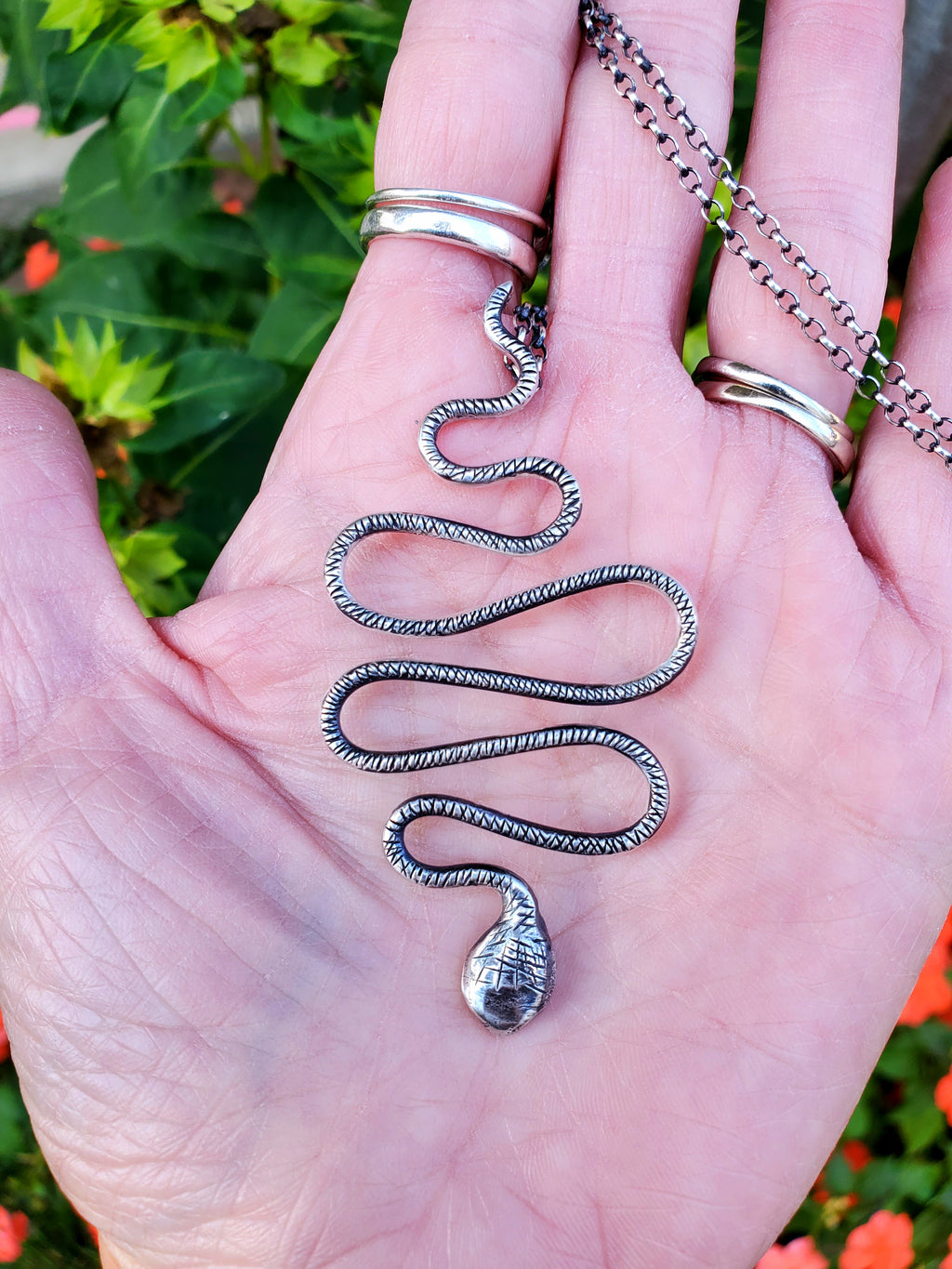 Snake Pendant Necklace in Solid Sterling Silver on beautiful Sterling Silver Rolo Chain