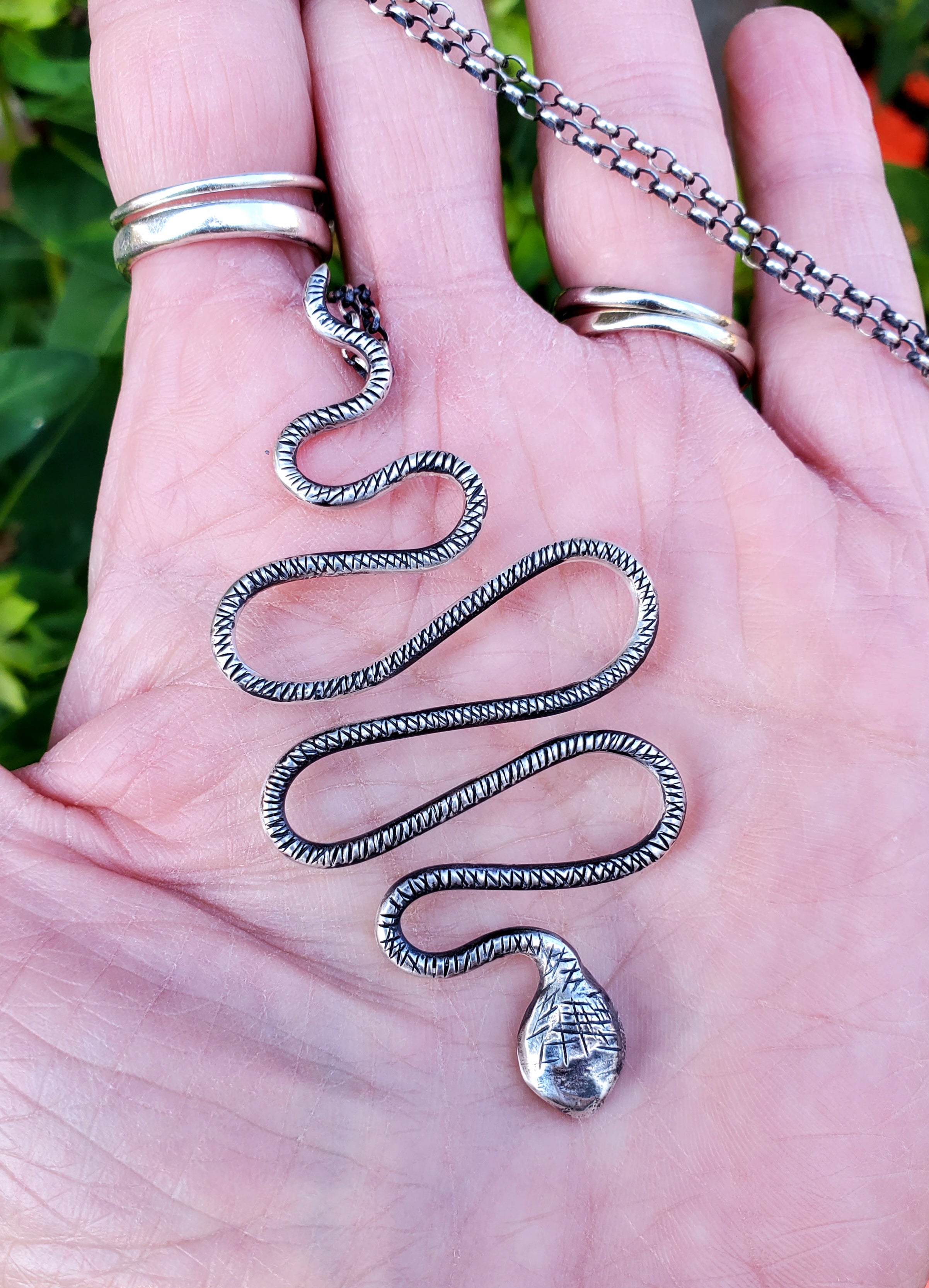 Snake Pendant Necklace in Solid Sterling Silver on beautiful Sterling Silver Rolo Chain