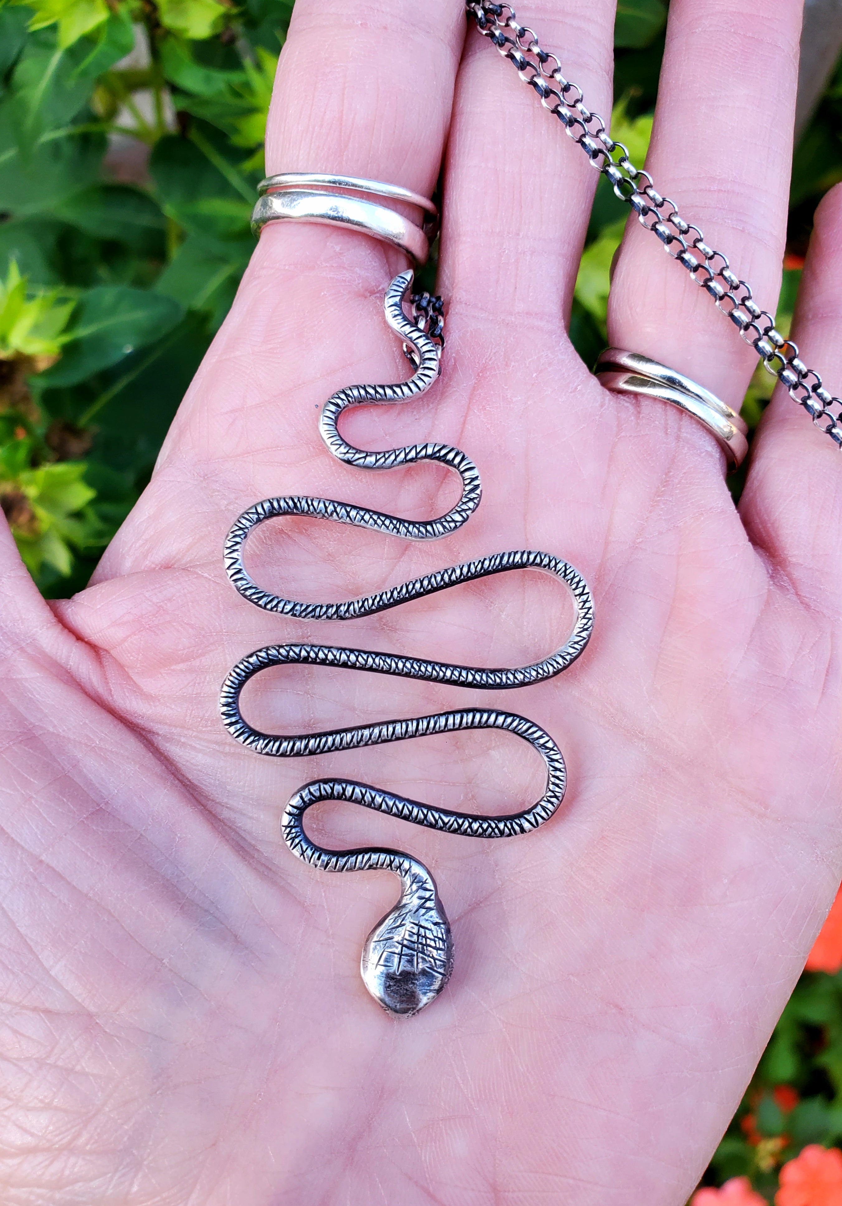 Snake Pendant Necklace in Solid Sterling Silver on beautiful Sterling Silver Rolo Chain