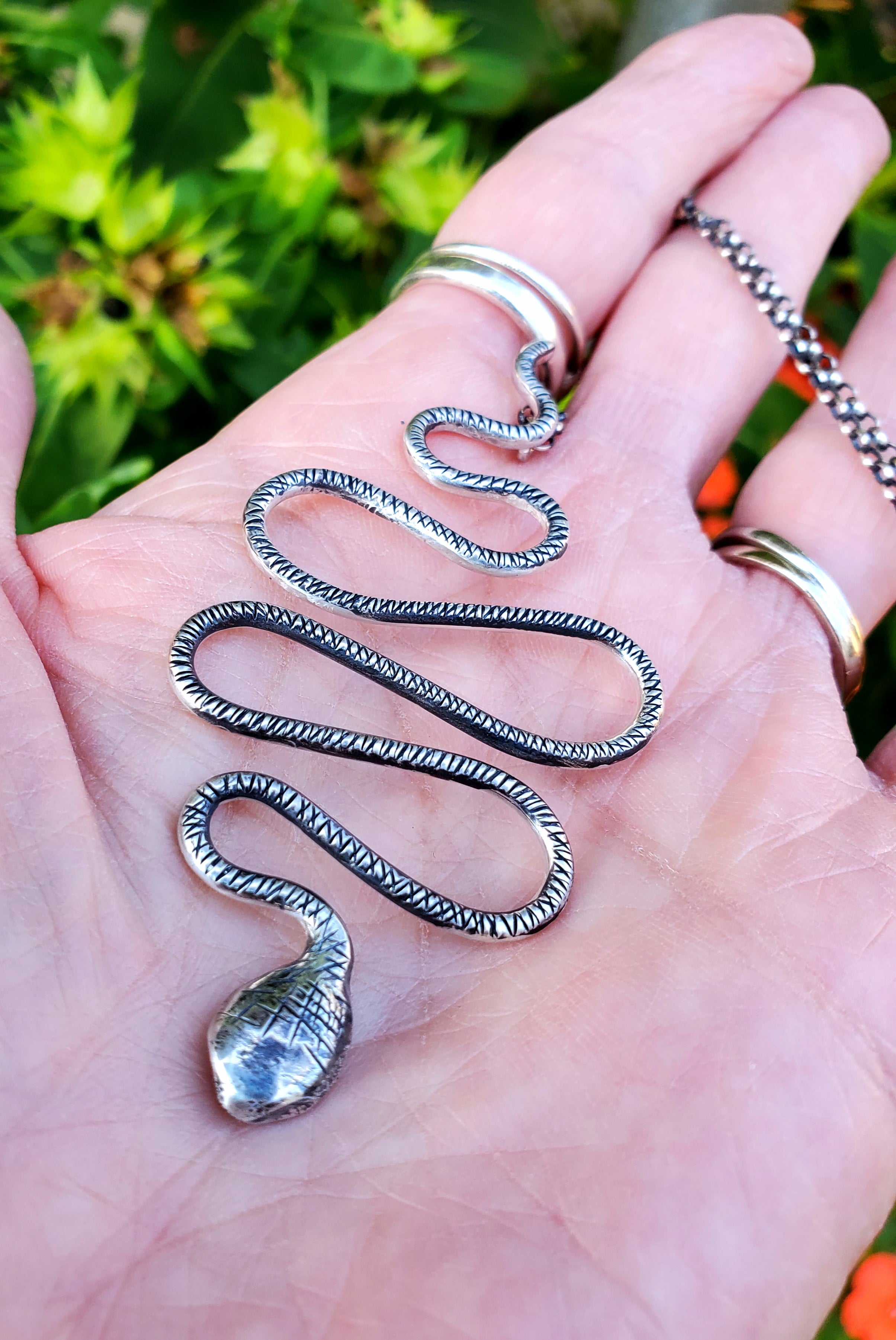 Snake Pendant Necklace in Solid Sterling Silver on beautiful Sterling Silver Rolo Chain
