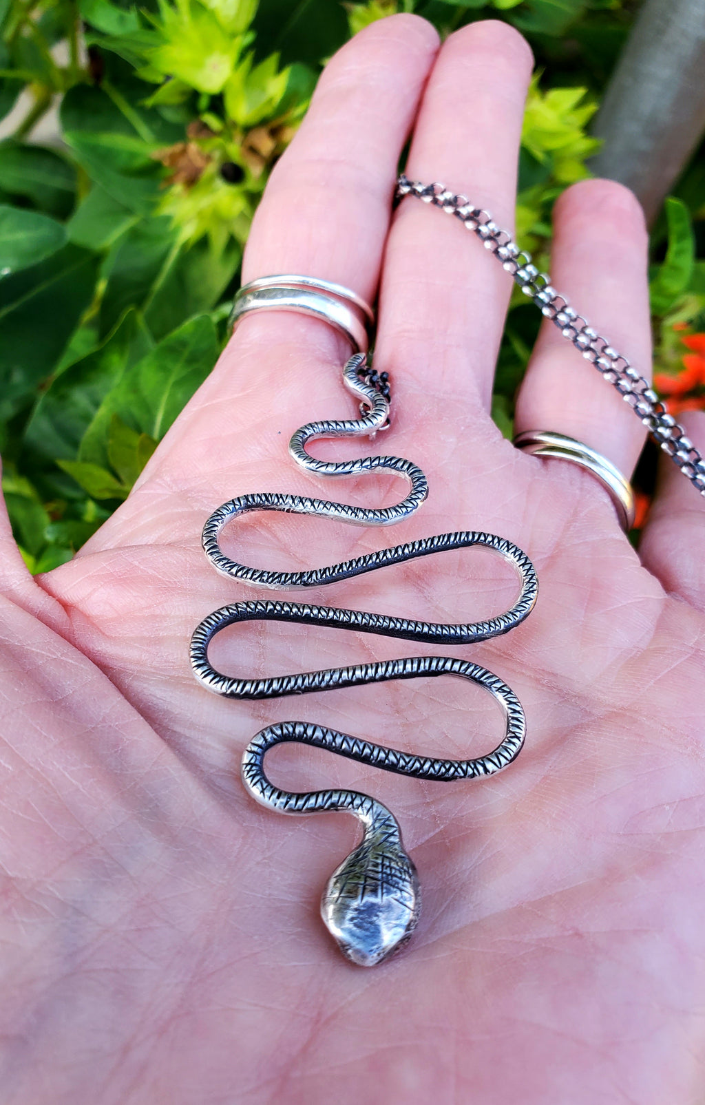 Snake Pendant Necklace in Solid Sterling Silver on beautiful Sterling Silver Rolo Chain