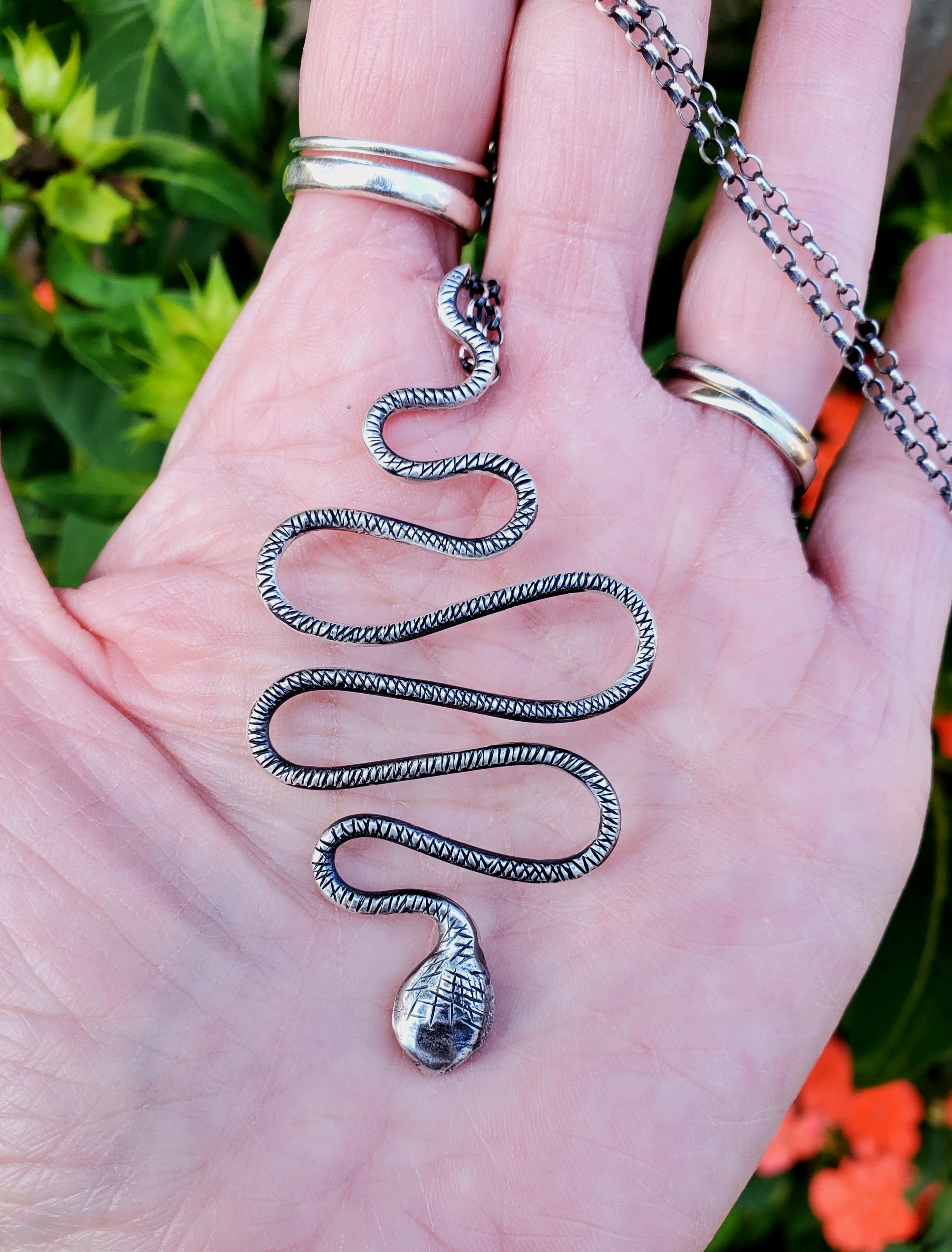 Snake Pendant Necklace in Solid Sterling Silver on beautiful Sterling Silver Rolo Chain