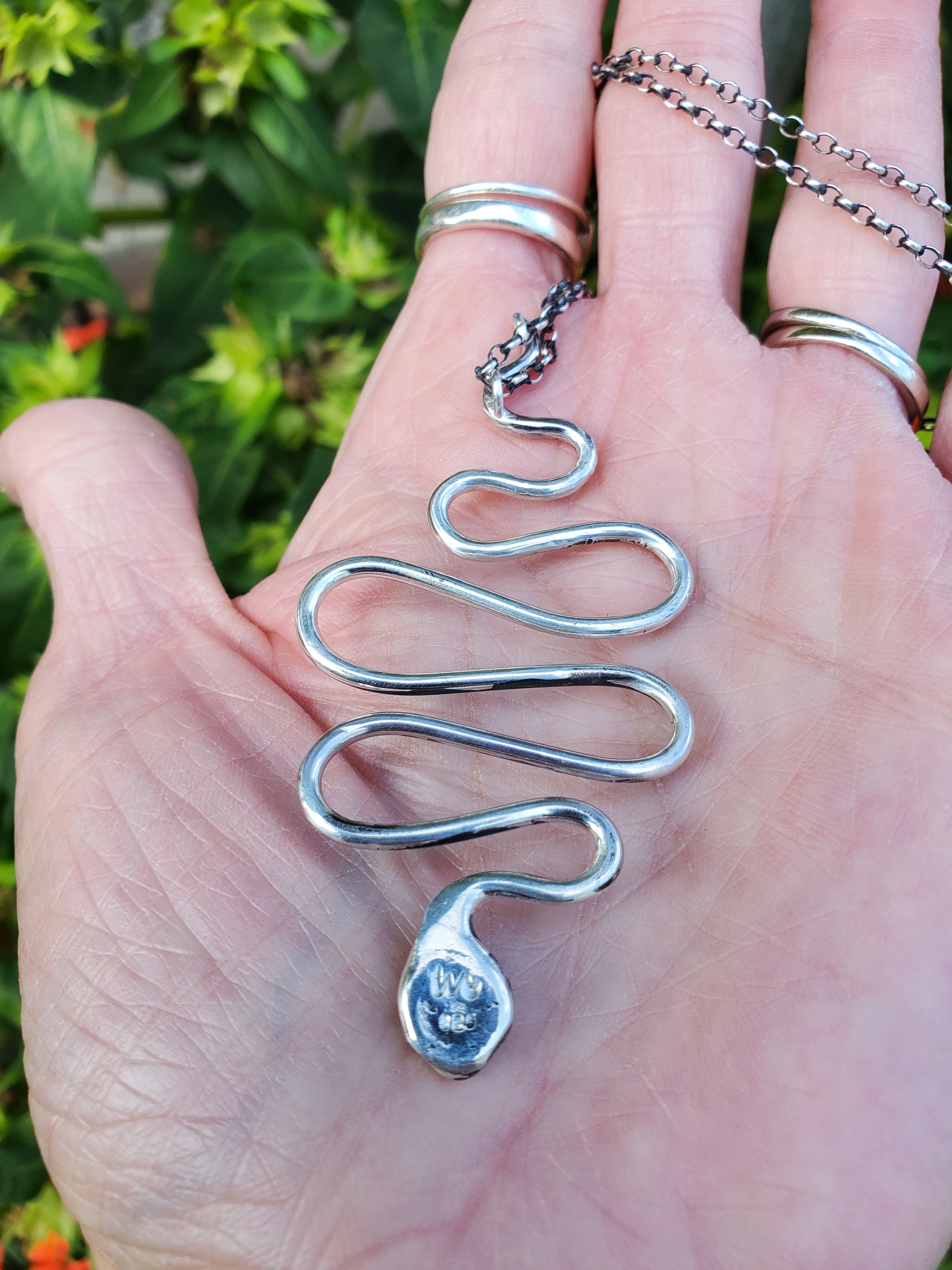 Snake Pendant Necklace in Solid Sterling Silver on beautiful Sterling Silver Rolo Chain
