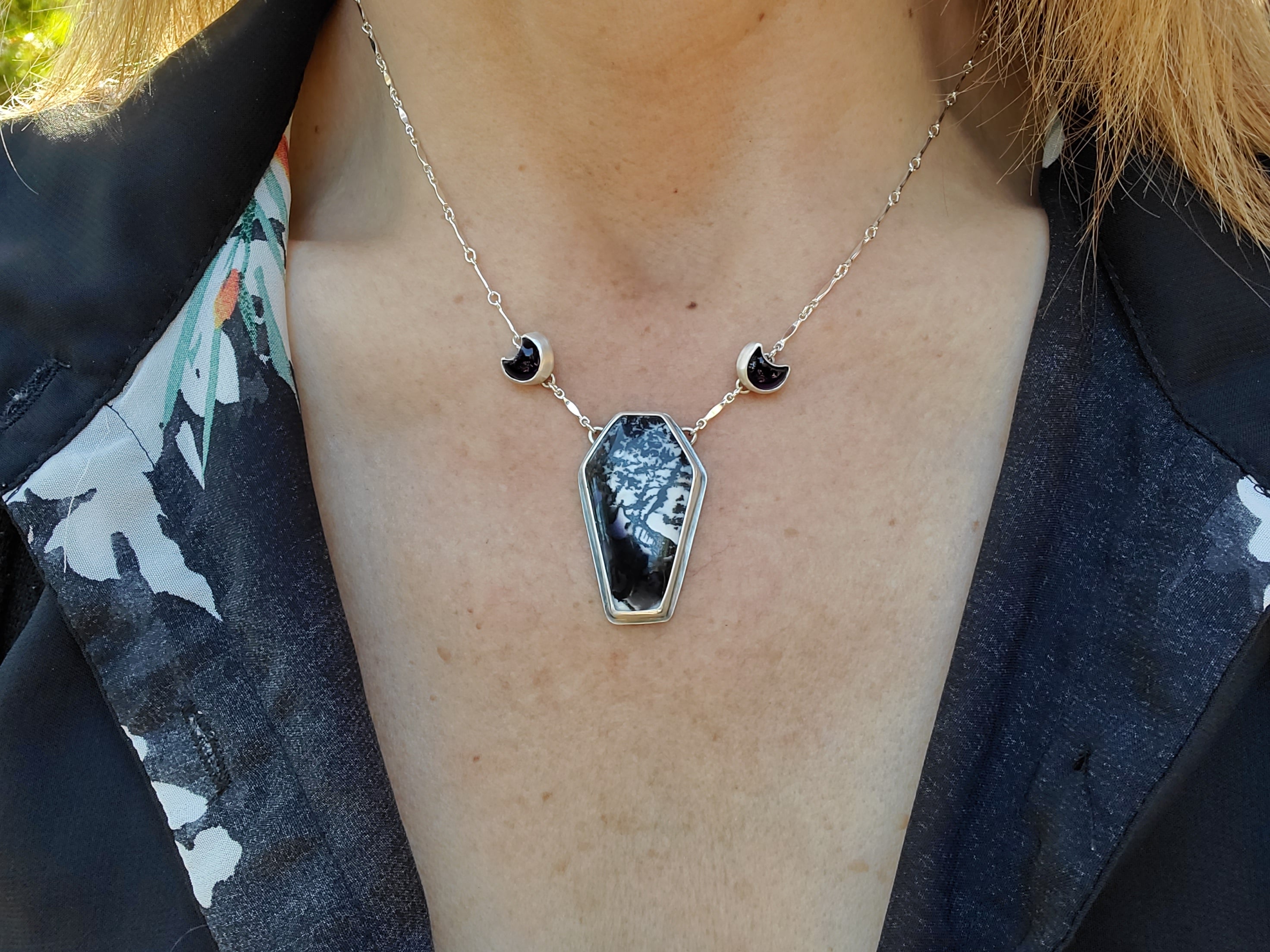 Tiffany Stone Coffin and Amethyst Moon Statement Pendant Necklace in Solid Sterling Silver