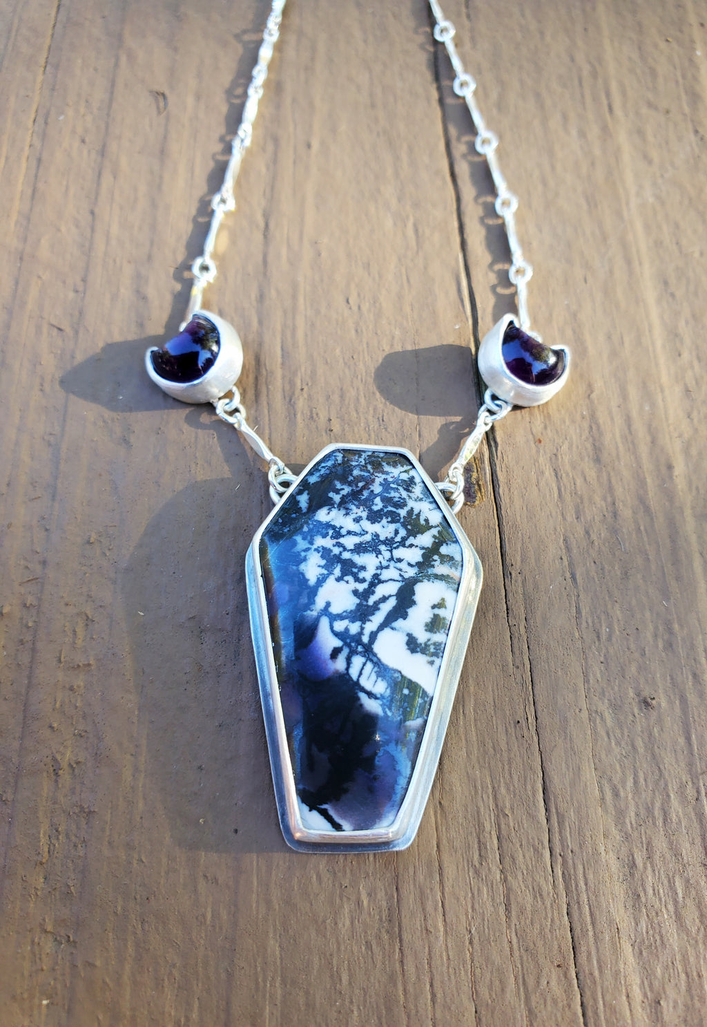 Tiffany Stone Coffin and Amethyst Moon Statement Pendant Necklace in Solid Sterling Silver