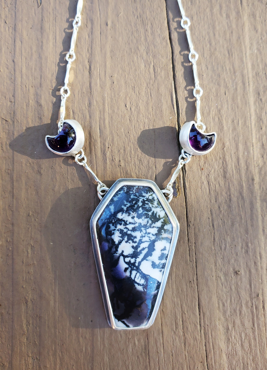 Tiffany Stone Coffin and Amethyst Moon Statement Pendant Necklace in Solid Sterling Silver