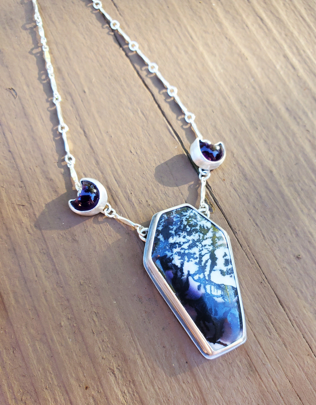 Tiffany Stone Coffin and Amethyst Moon Statement Pendant Necklace in Solid Sterling Silver
