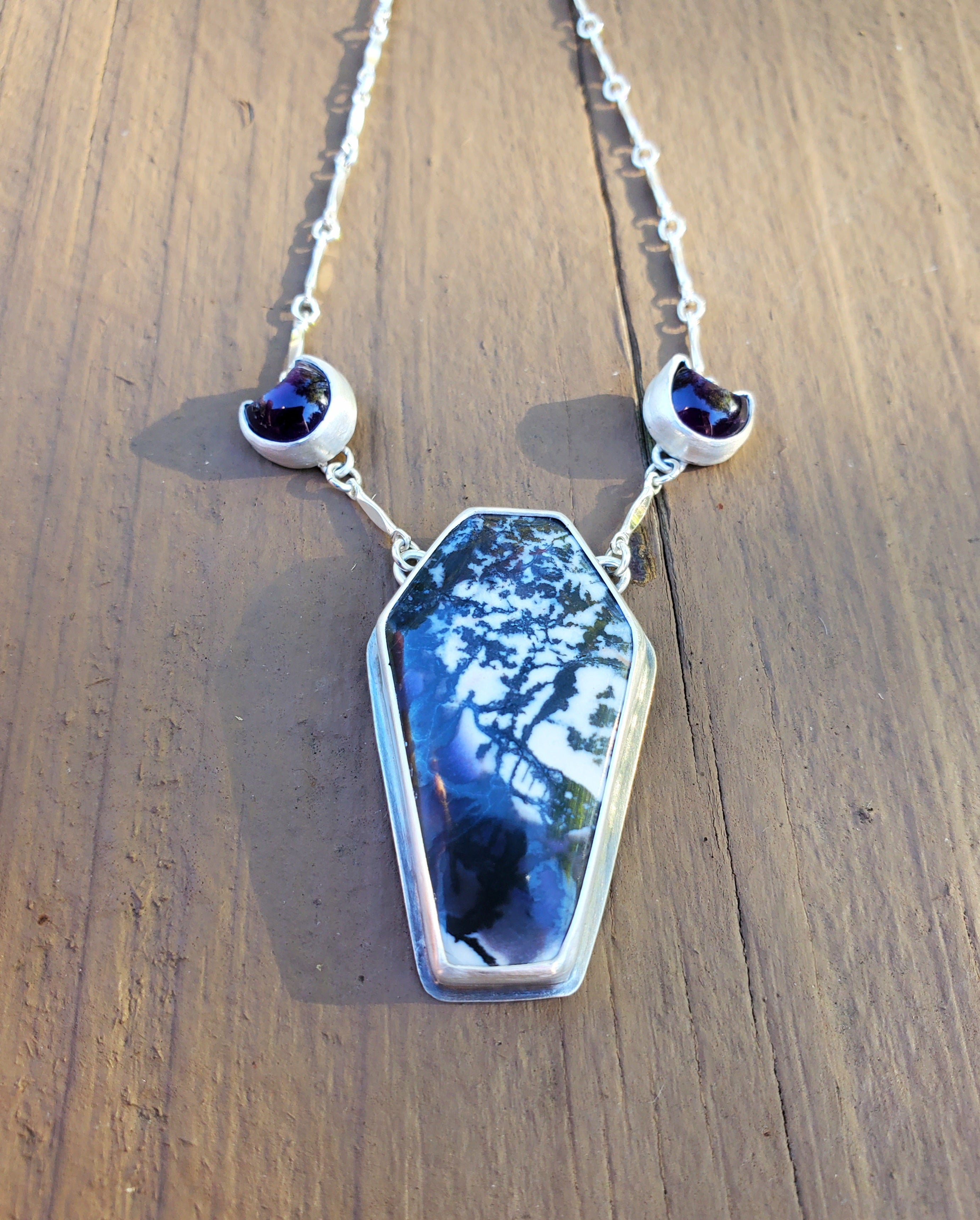 Tiffany Stone Coffin and Amethyst Moon Statement Pendant Necklace in Solid Sterling Silver