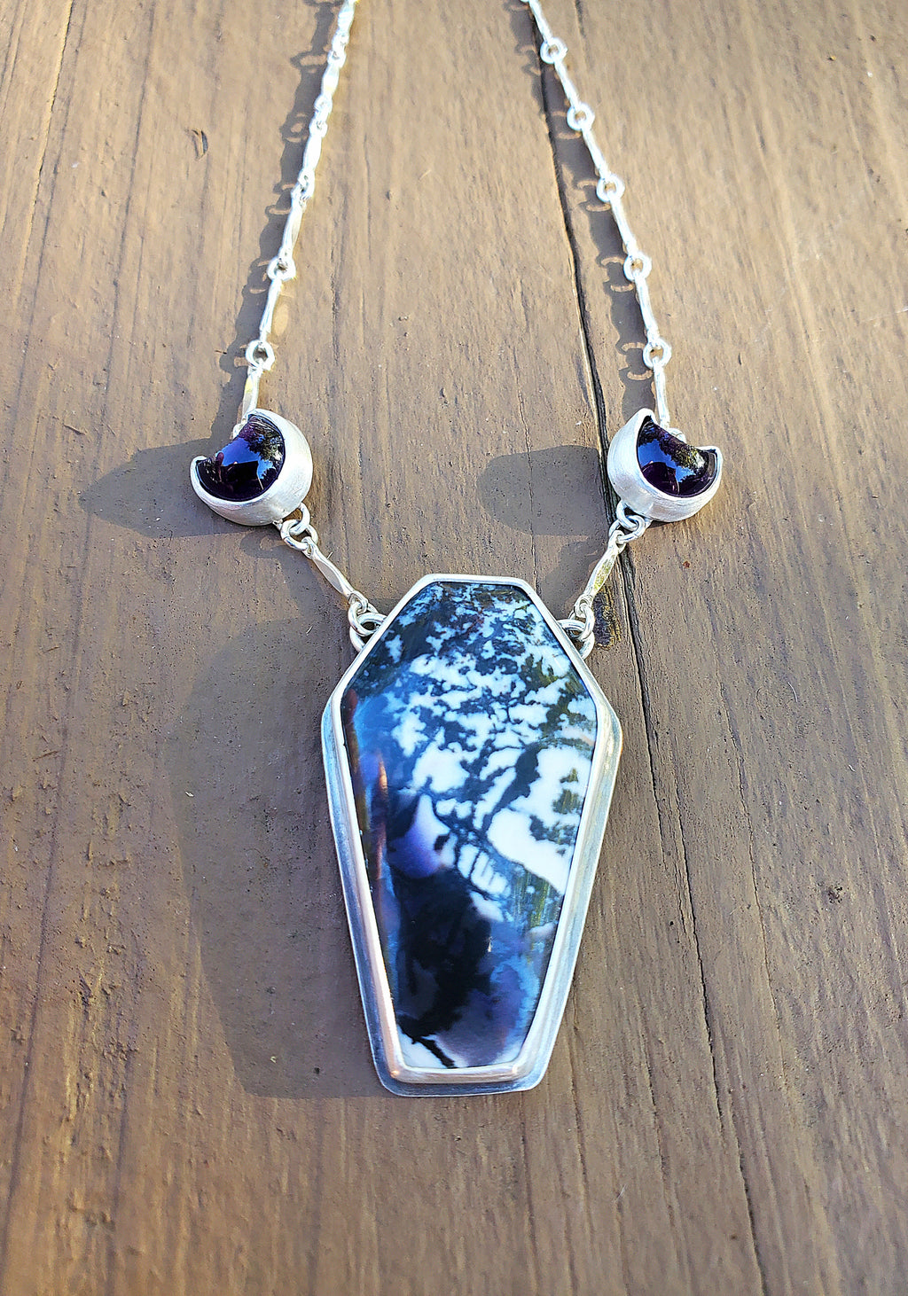Tiffany Stone Coffin and Amethyst Moon Statement Pendant Necklace in Solid Sterling Silver