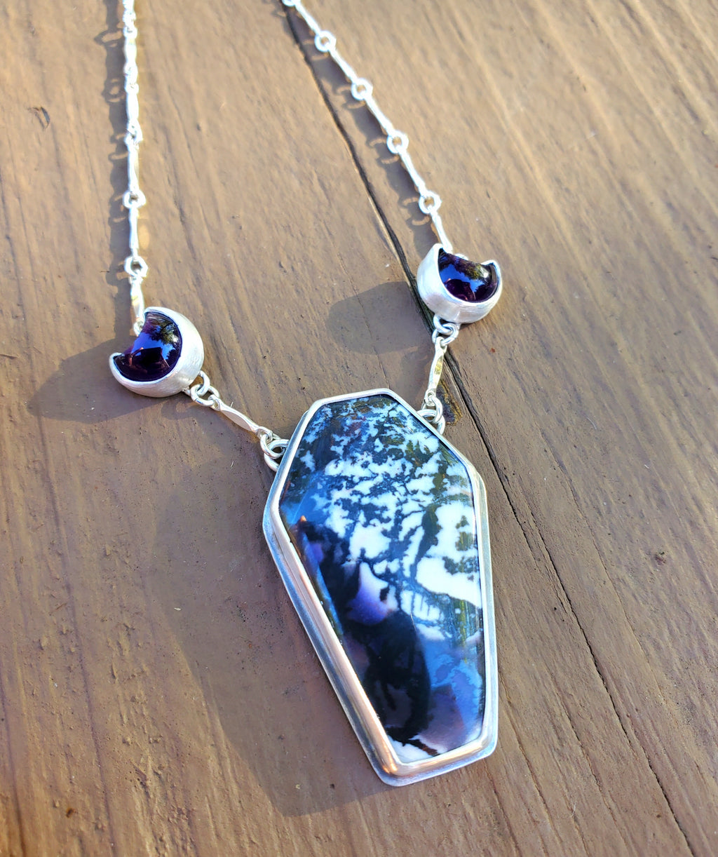 Tiffany Stone Coffin and Amethyst Moon Statement Pendant Necklace in Solid Sterling Silver