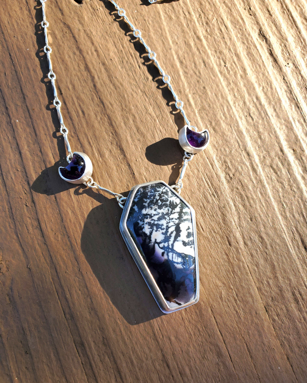 Tiffany Stone Coffin and Amethyst Moon Statement Pendant Necklace in Solid Sterling Silver
