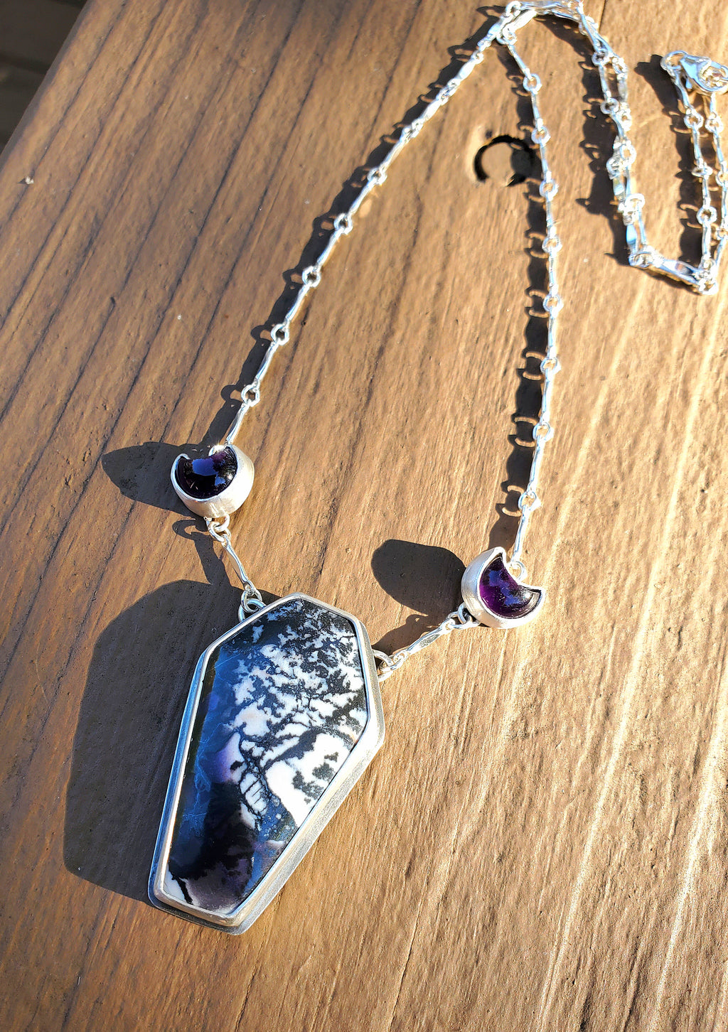 Tiffany Stone Coffin and Amethyst Moon Statement Pendant Necklace in Solid Sterling Silver