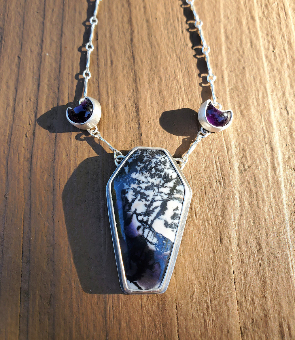 Tiffany Stone Coffin and Amethyst Moon Statement Pendant Necklace in Solid Sterling Silver