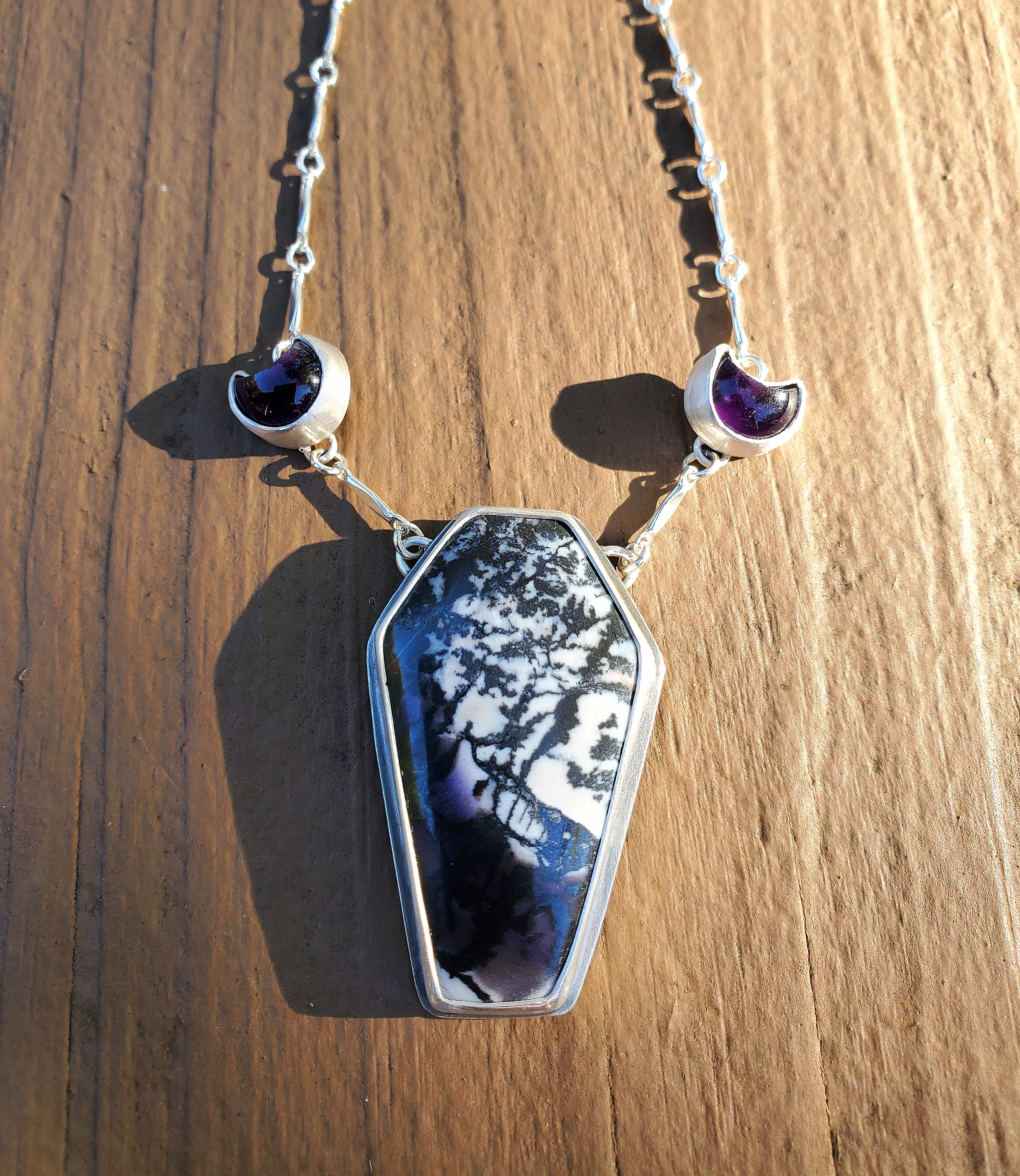 Tiffany Stone Coffin and Amethyst Moon Statement Pendant Necklace in Solid Sterling Silver