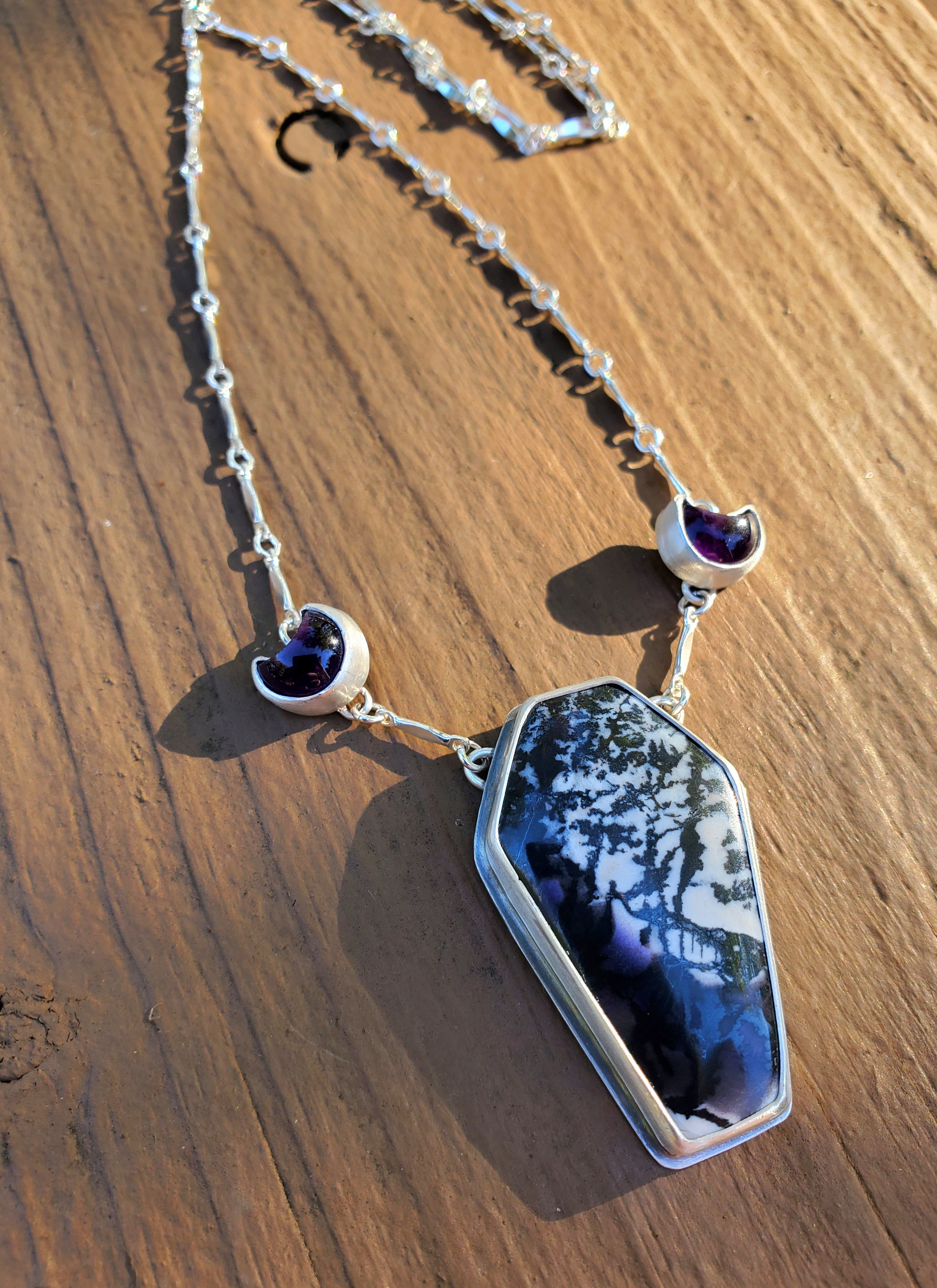 Tiffany Stone Coffin and Amethyst Moon Statement Pendant Necklace in Solid Sterling Silver