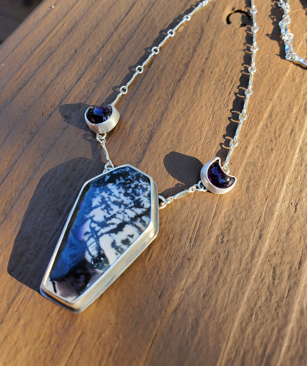 Tiffany Stone Coffin and Amethyst Moon Statement Pendant Necklace in Solid Sterling Silver