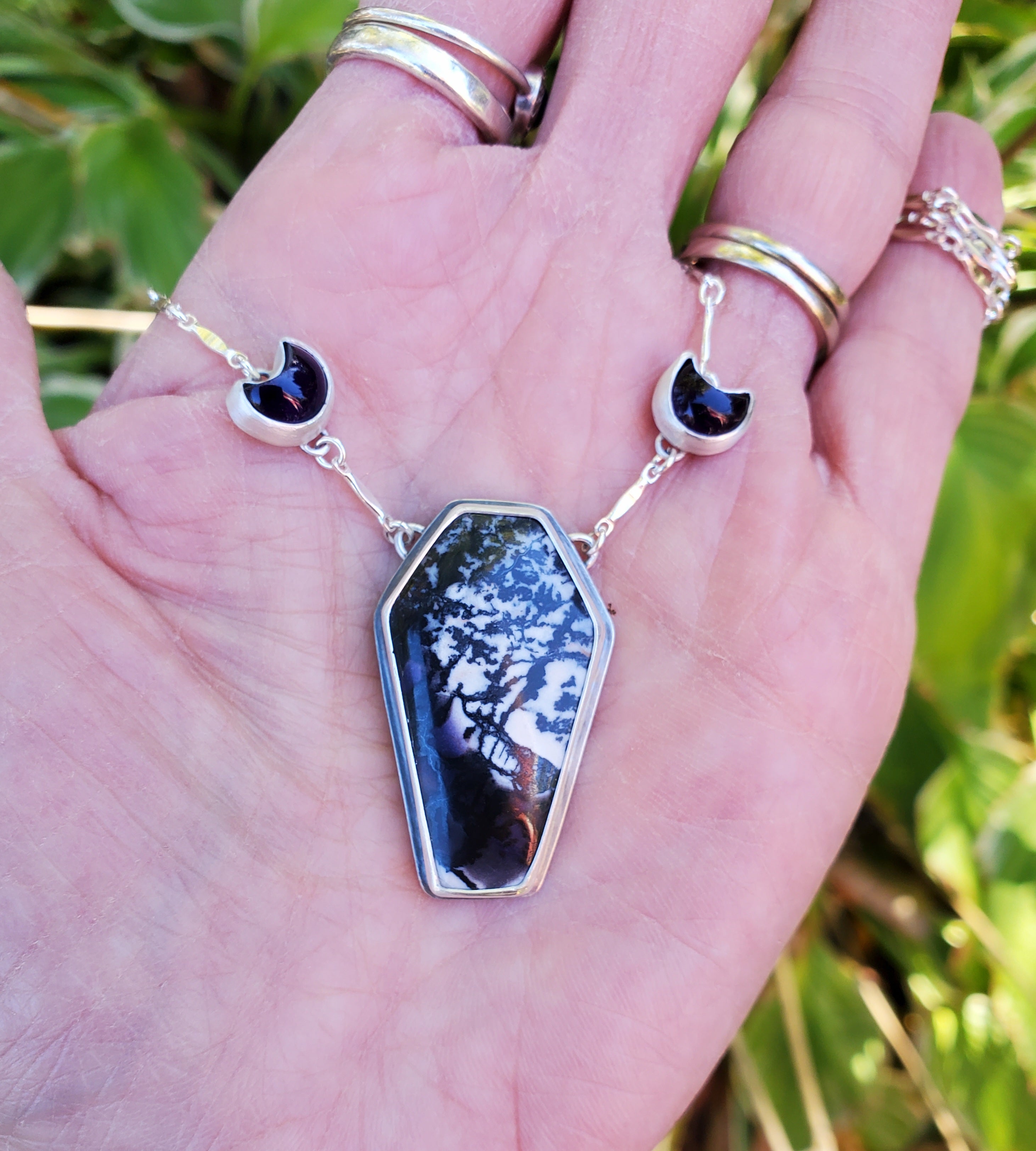 Tiffany Stone Coffin and Amethyst Moon Statement Pendant Necklace in Solid Sterling Silver