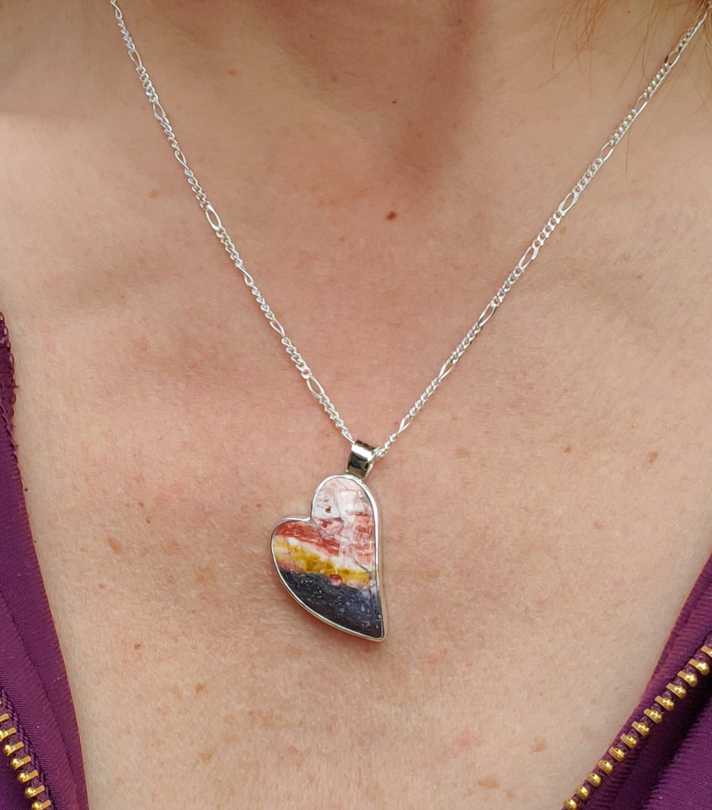 Indian Blanket Jasper Lopsided Heart Pendant Necklace in Solid Sterling Silver
