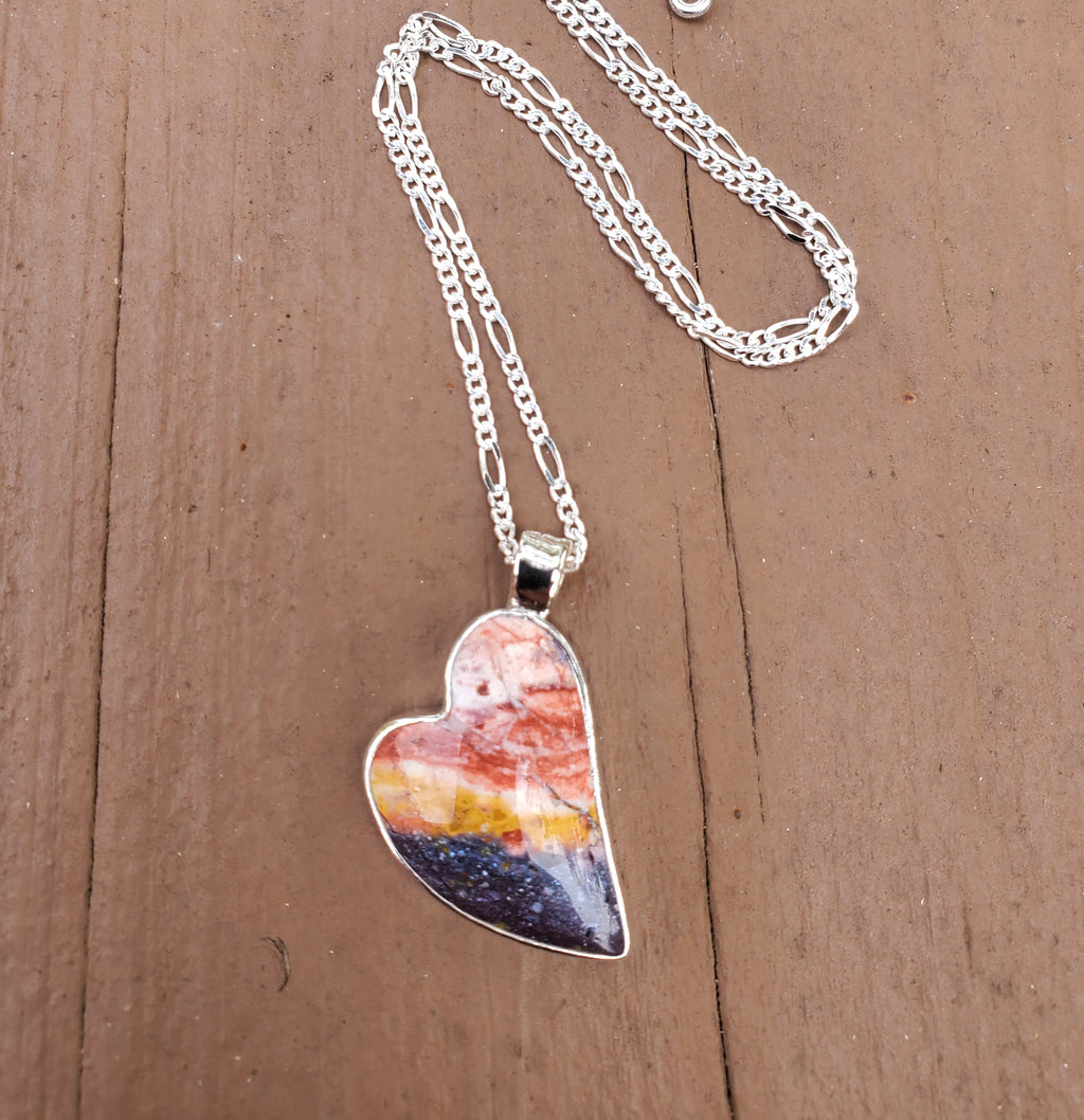 Indian Blanket Jasper Lopsided Heart Pendant Necklace in Solid Sterling Silver