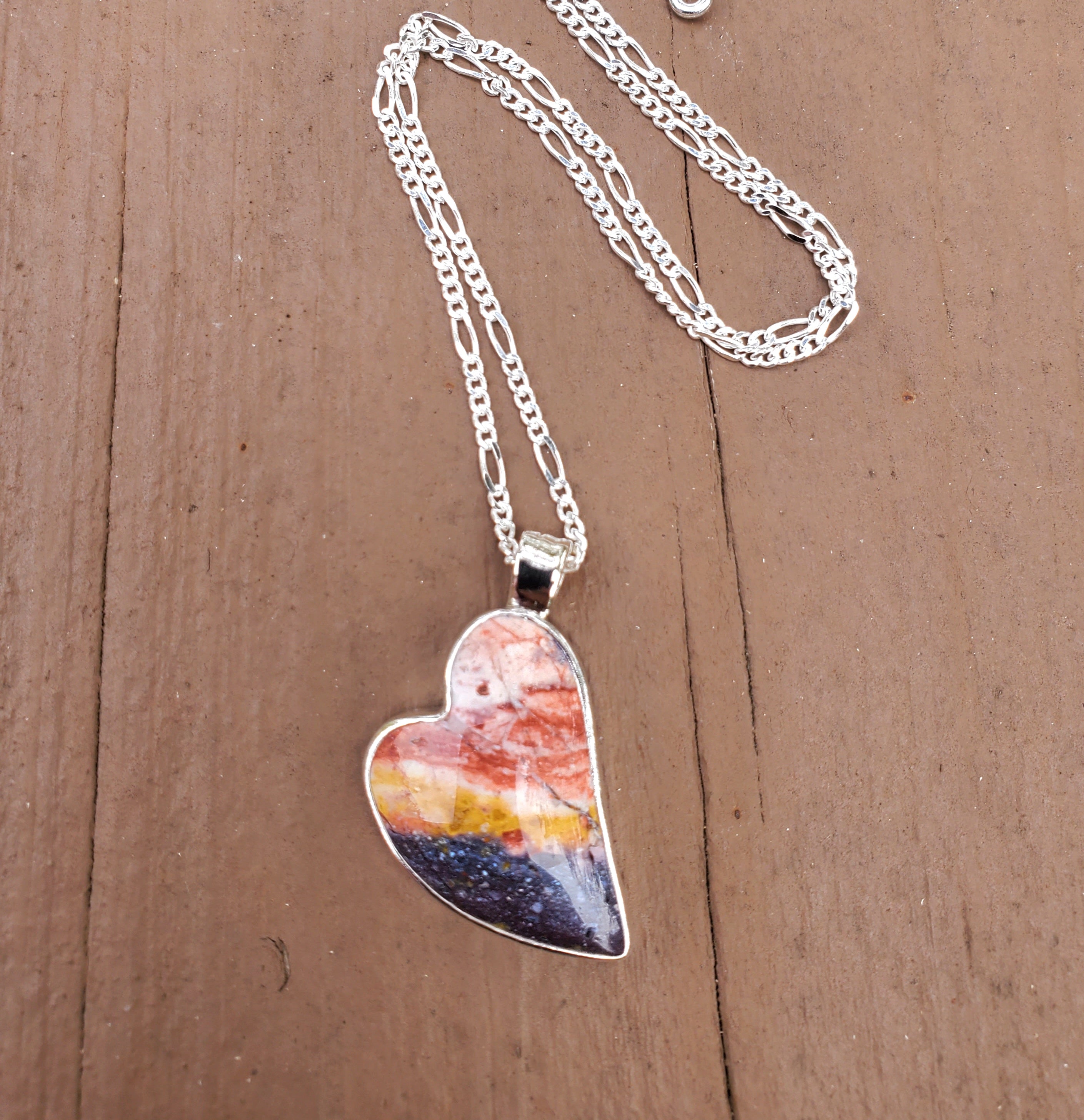 Indian Blanket Jasper Lopsided Heart Pendant Necklace in Solid Sterling Silver