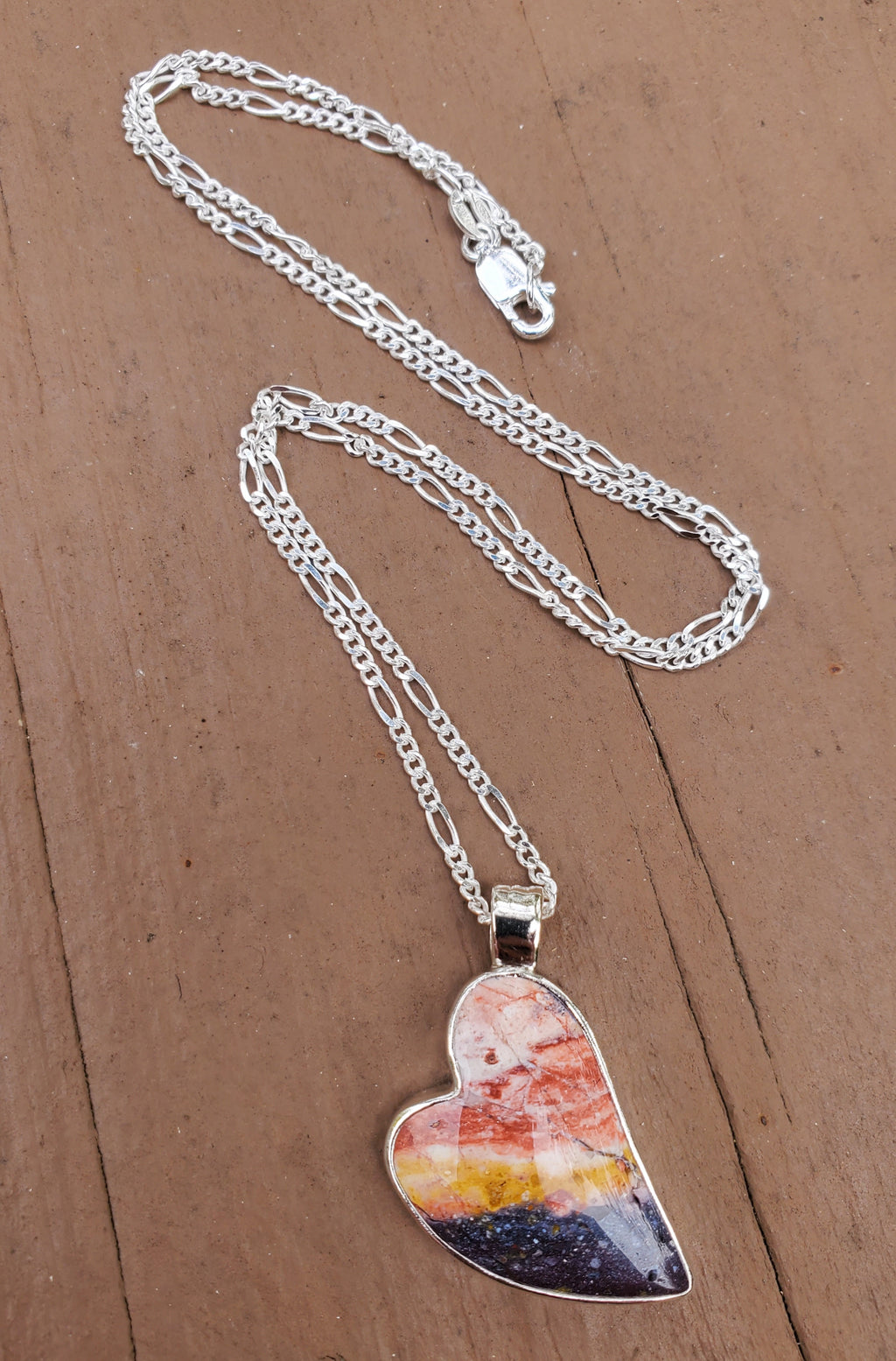 Indian Blanket Jasper Lopsided Heart Pendant Necklace in Solid Sterling Silver
