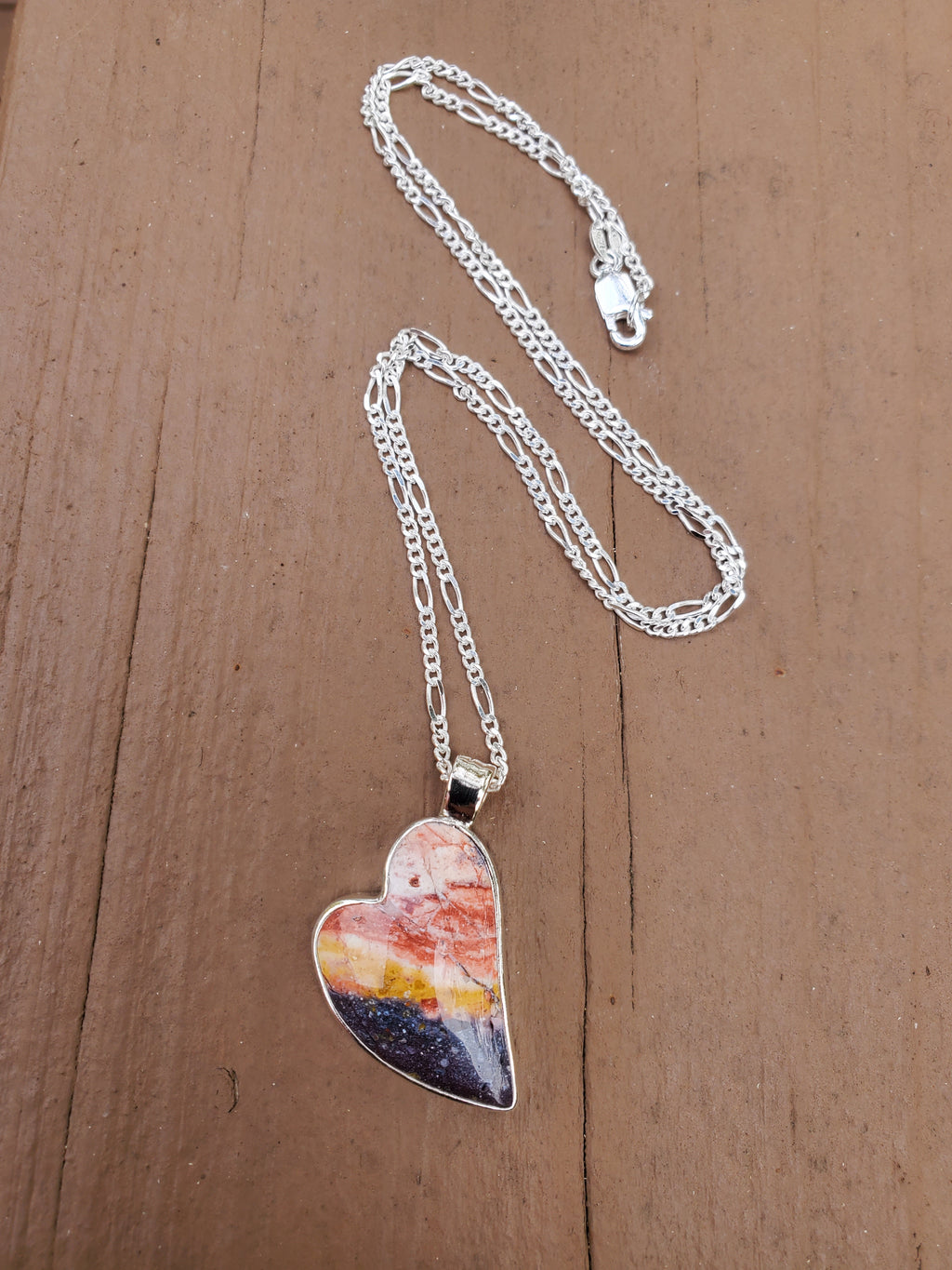 Indian Blanket Jasper Lopsided Heart Pendant Necklace in Solid Sterling Silver