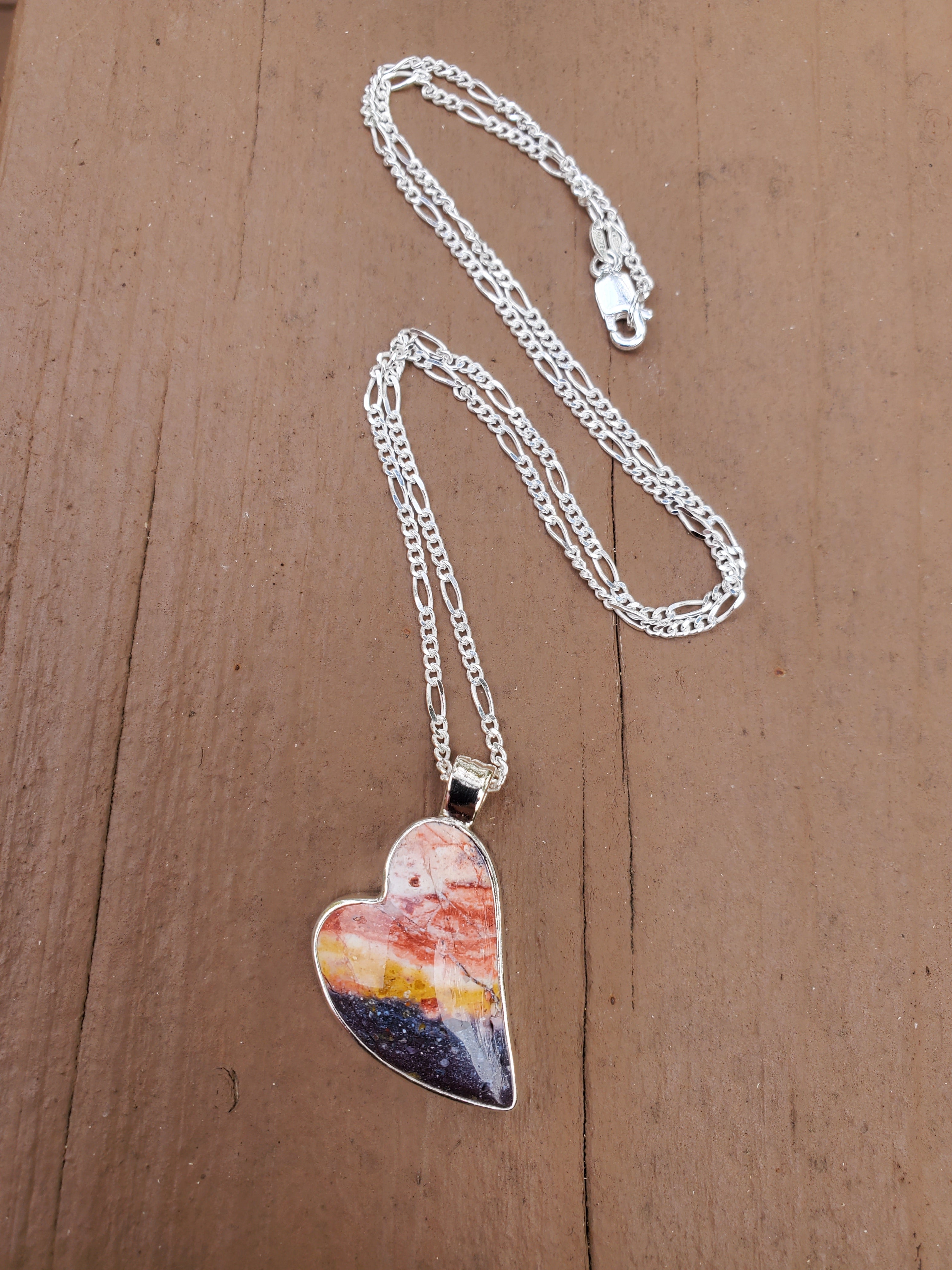 Indian Blanket Jasper Lopsided Heart Pendant Necklace in Solid Sterling Silver