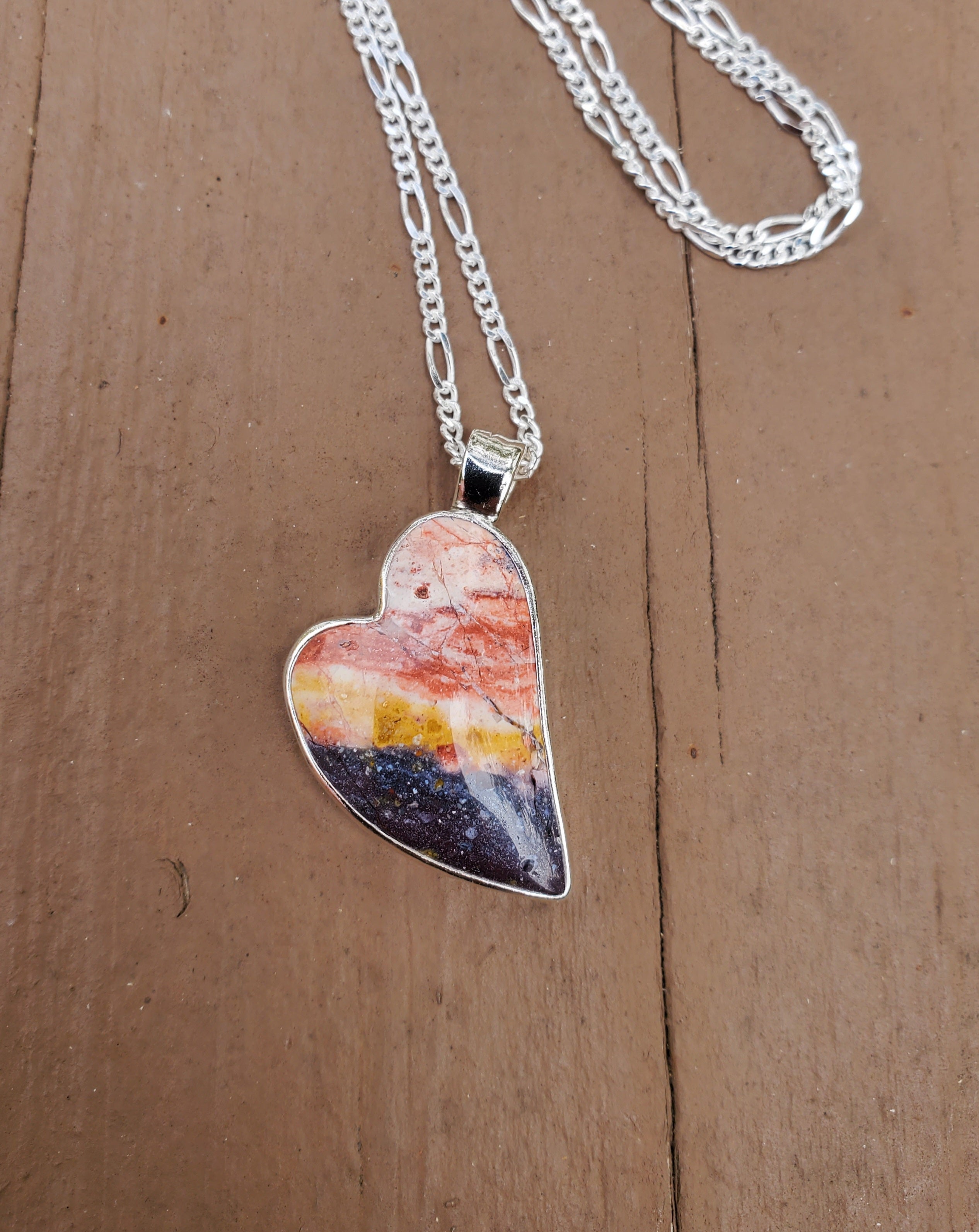 Indian Blanket Jasper Lopsided Heart Pendant Necklace in Solid Sterling Silver