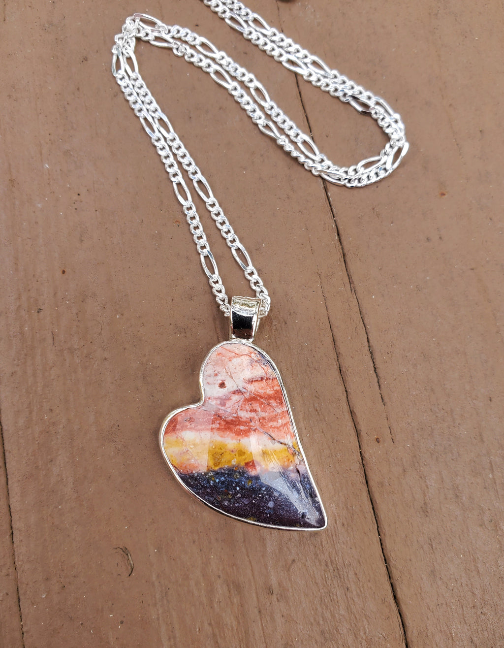 Indian Blanket Jasper Lopsided Heart Pendant Necklace in Solid Sterling Silver