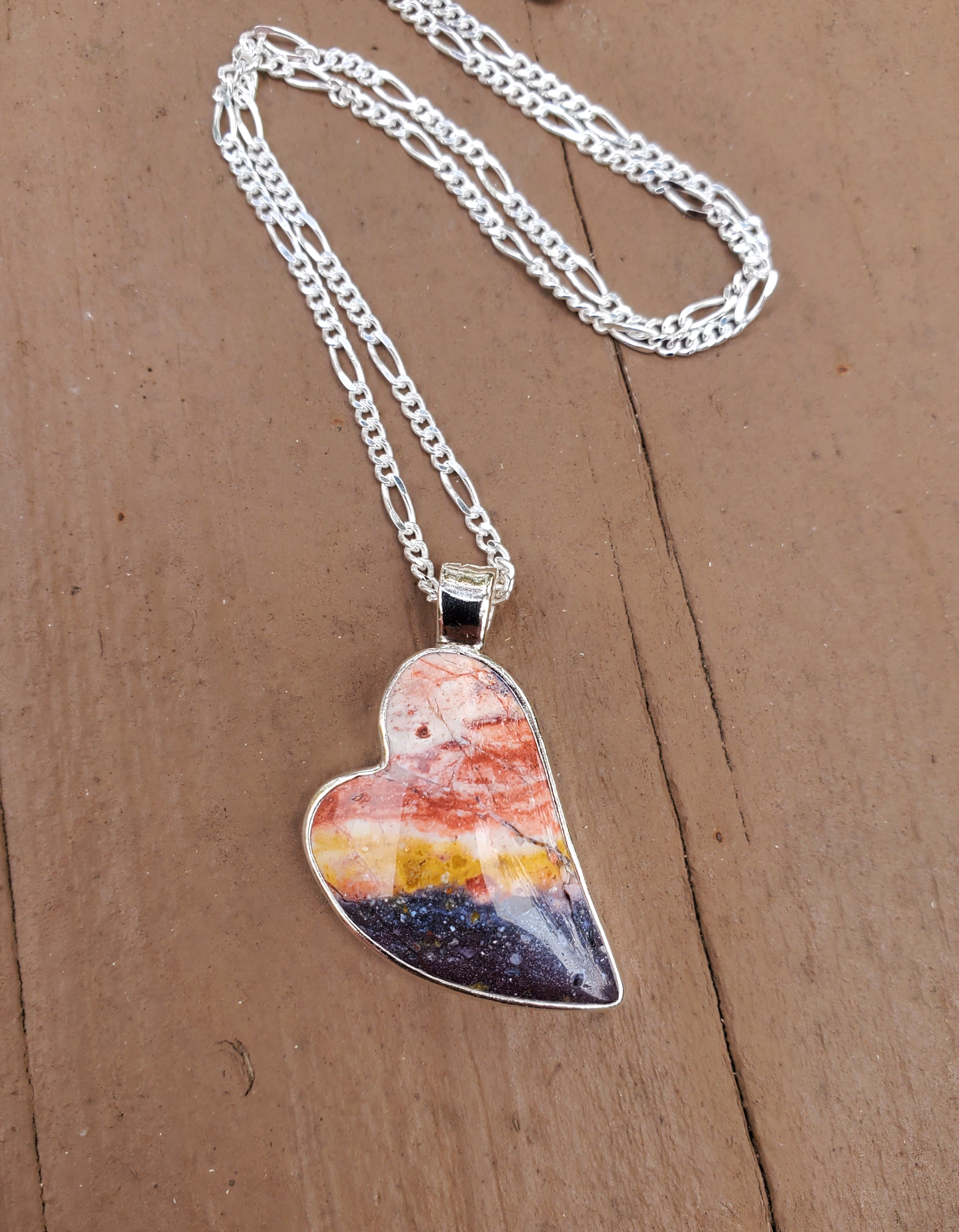 Indian Blanket Jasper Lopsided Heart Pendant Necklace in Solid Sterling Silver