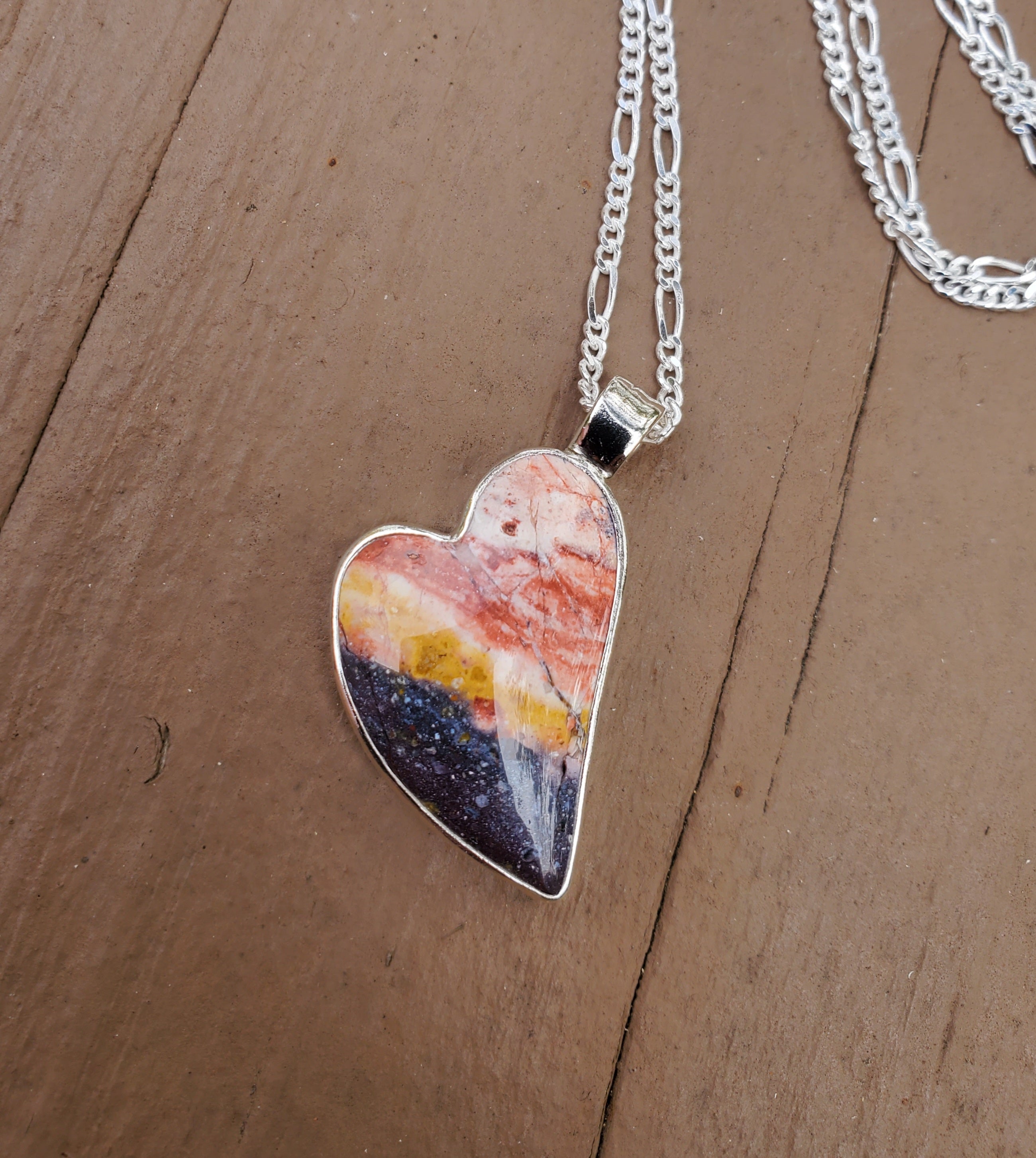 Indian Blanket Jasper Lopsided Heart Pendant Necklace in Solid Sterling Silver