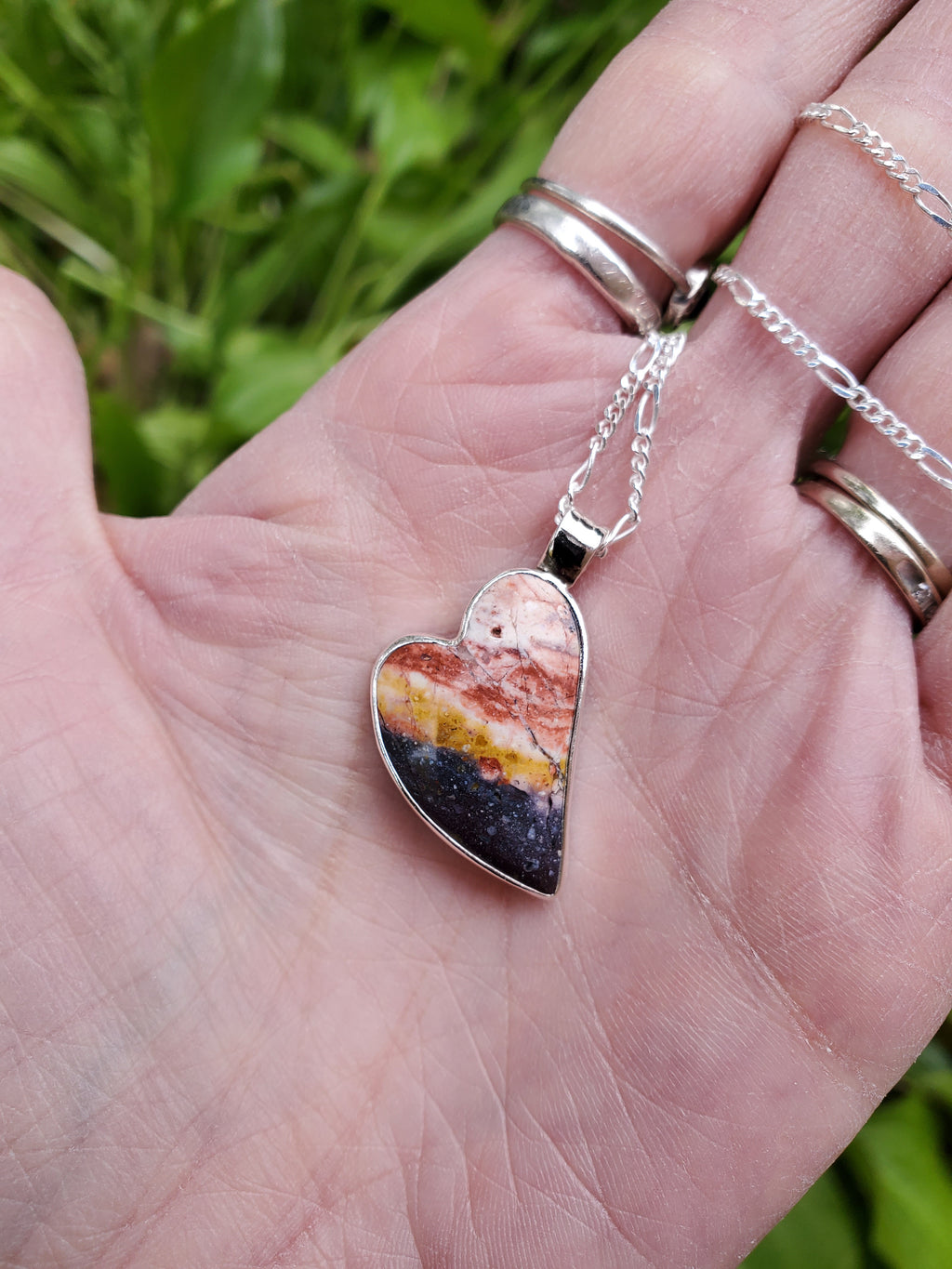Indian Blanket Jasper Lopsided Heart Pendant Necklace in Solid Sterling Silver