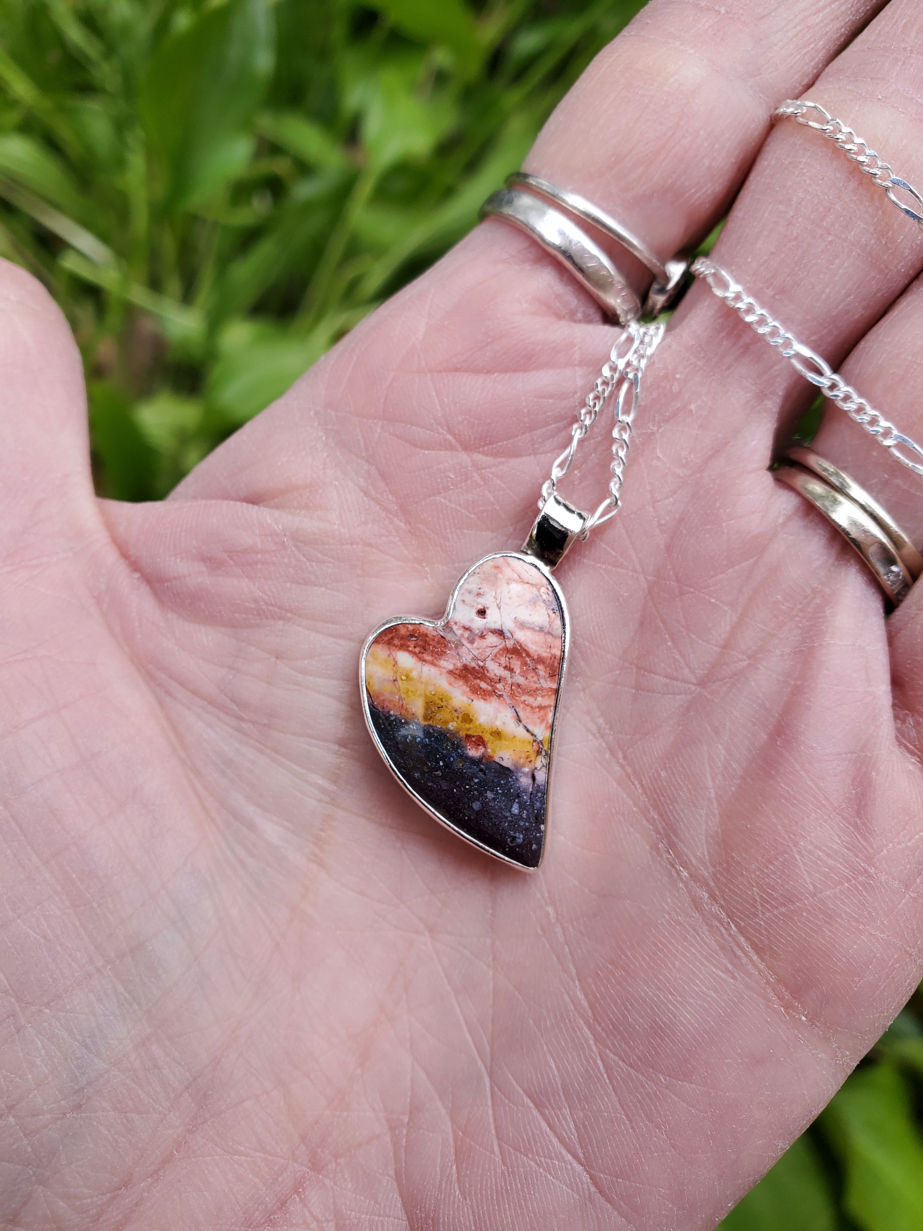 Indian Blanket Jasper Lopsided Heart Pendant Necklace in Solid Sterling Silver