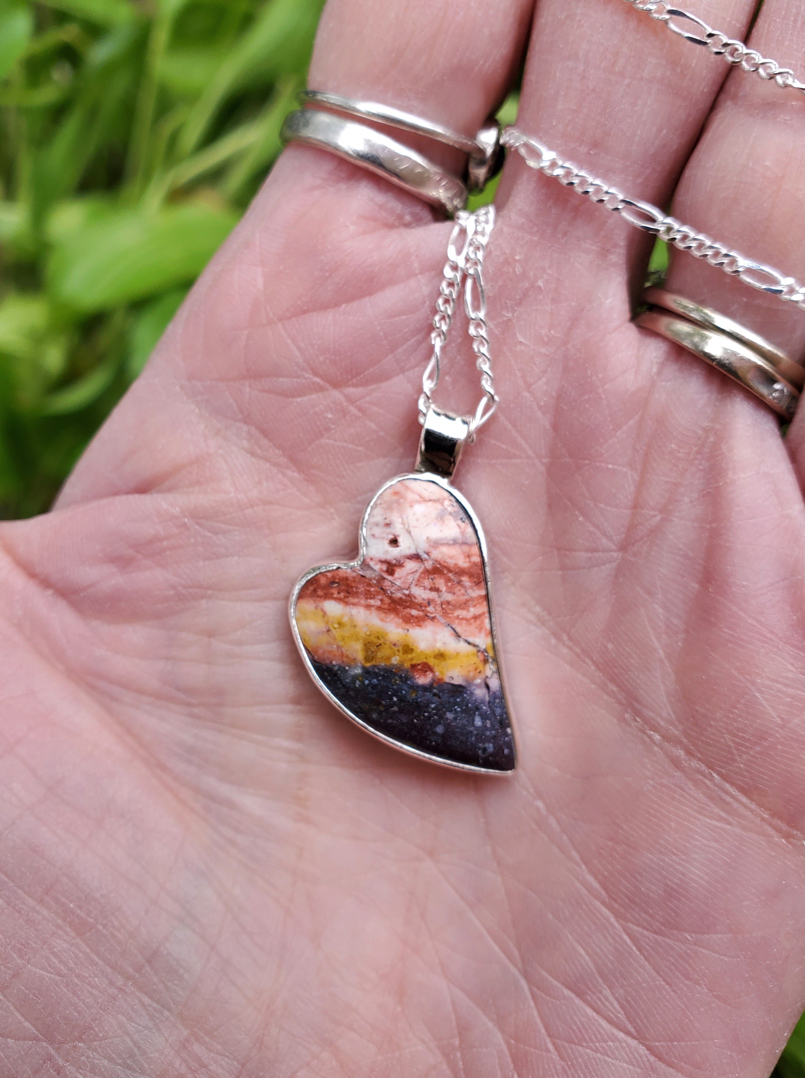 Indian Blanket Jasper Lopsided Heart Pendant Necklace in Solid Sterling Silver