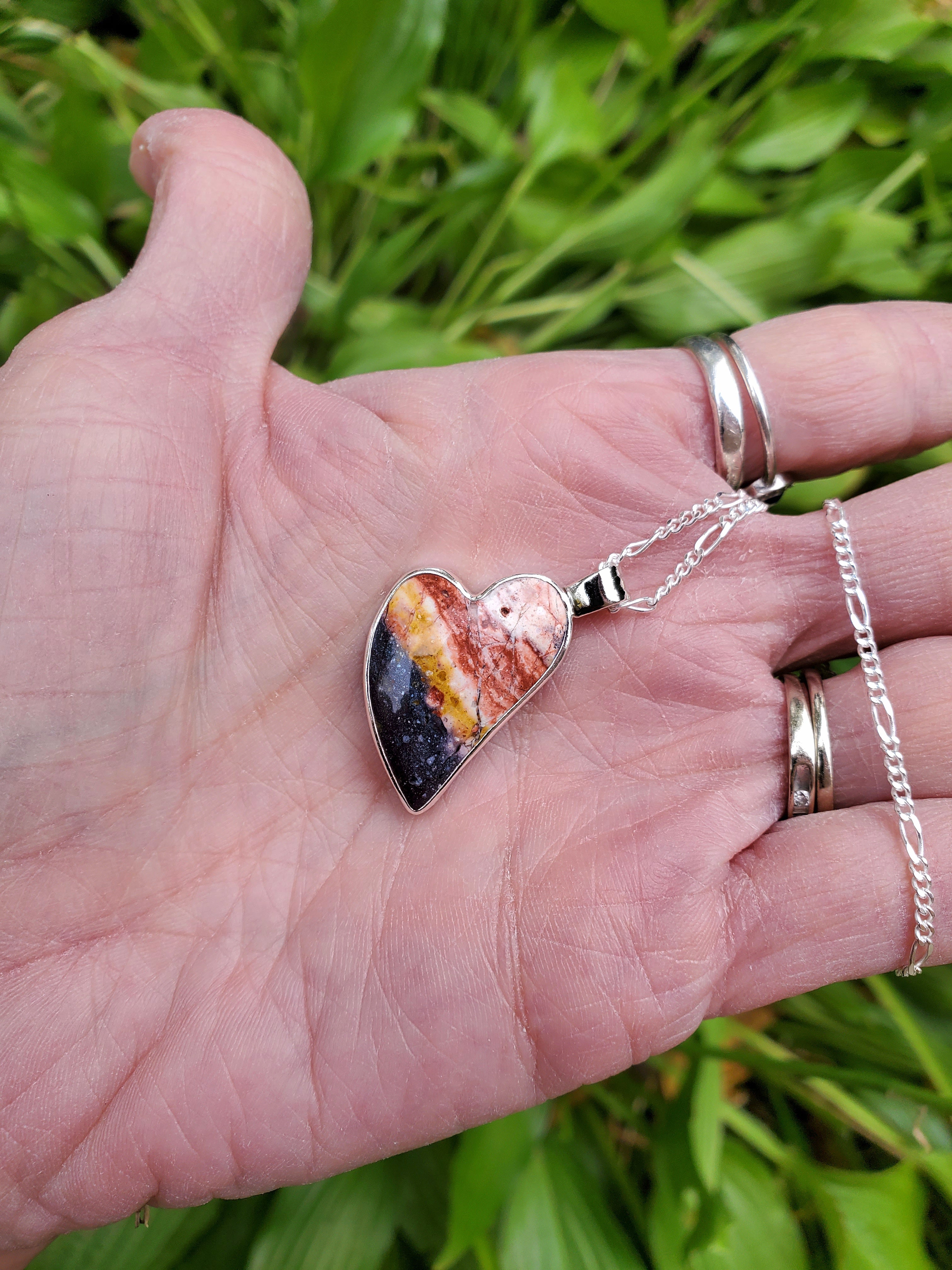 Indian Blanket Jasper Lopsided Heart Pendant Necklace in Solid Sterling Silver