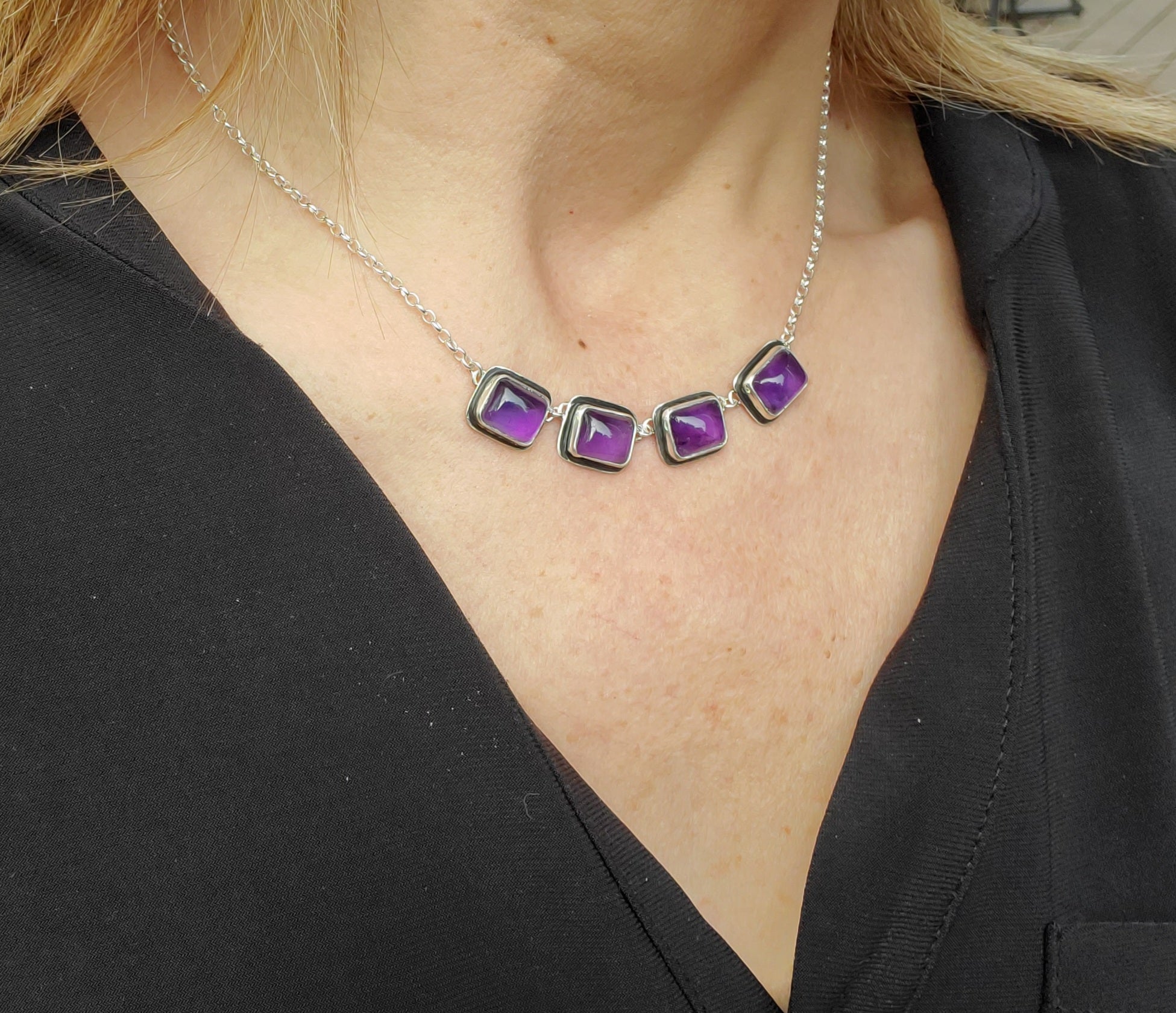 Amethyst 4-Stone Statement Necklace in Solid Sterling Silver