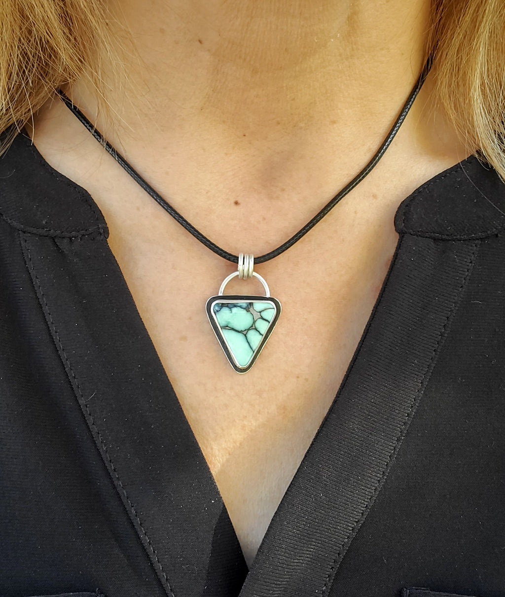 Desert Bloom Variscite Inverted Triangle Statement Pendant in Solid Sterling Silver